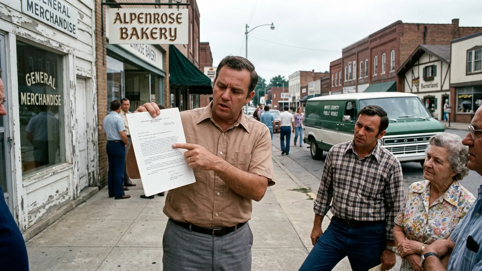 The Hauptstrasse commercial district photographed from the Bruckenstrasse intersection, showing the roofline profile that the 1973 variance made legally permanent. The gabled and half-timbered facades visible here were constructed or converted under the 'similar applications' precedent established in the July 1973 BOC action. (Photo: Bavarian Brainrot / Margaret Holcomb)