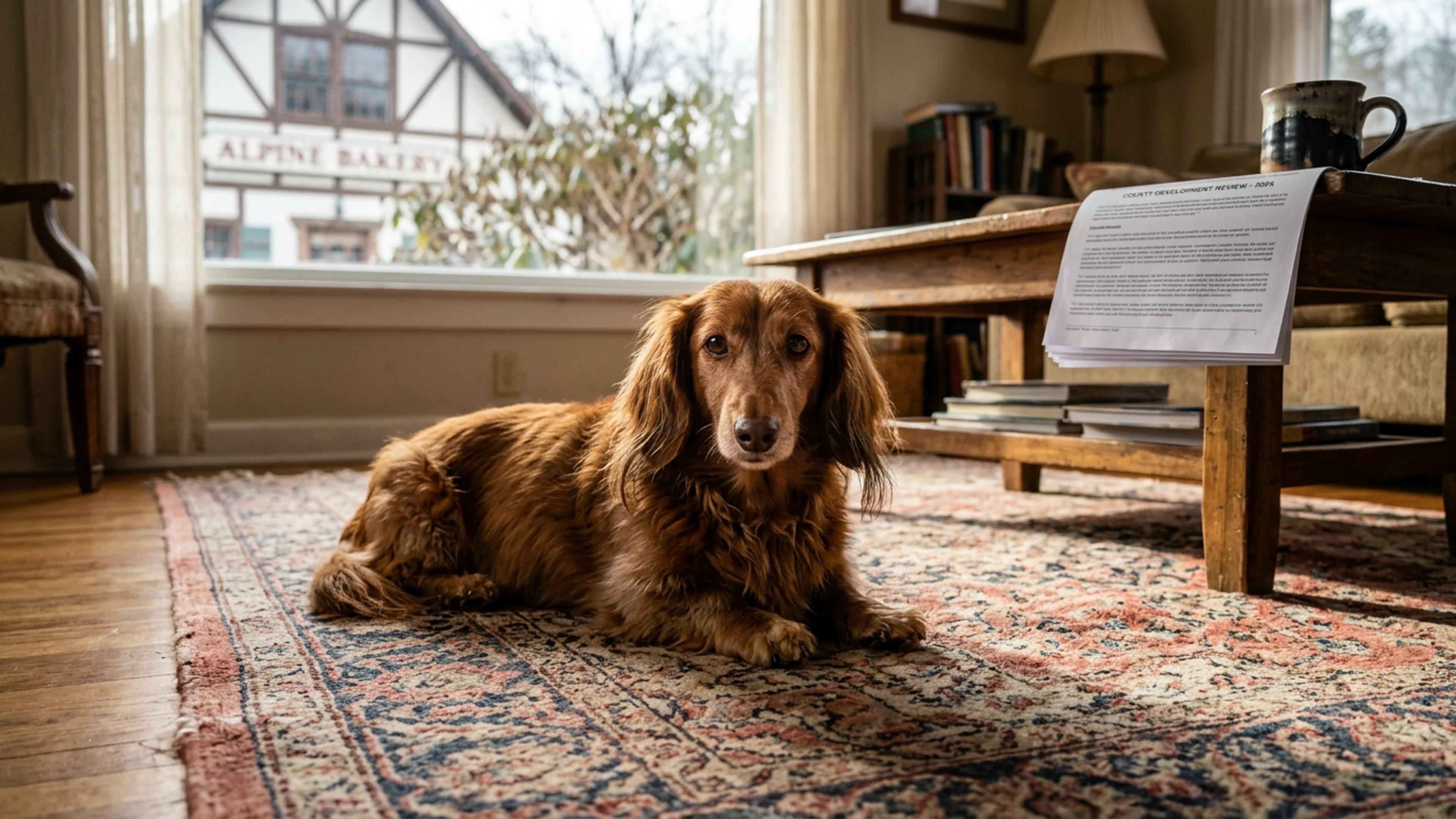 Gerhardt, a 9-year-old long-haired dachshund, on the living-room rug of his owner Wendell Stoltz's Edelweiss Strasse home, Friday afternoon. A printed cover sheet of the December 2019 genetic-test report is visible, partially unfolded, on the coffee table in the background. Gerhardt is looking at the camera. (Photo: Bavarian Brainrot / Romi Fitzgerald)