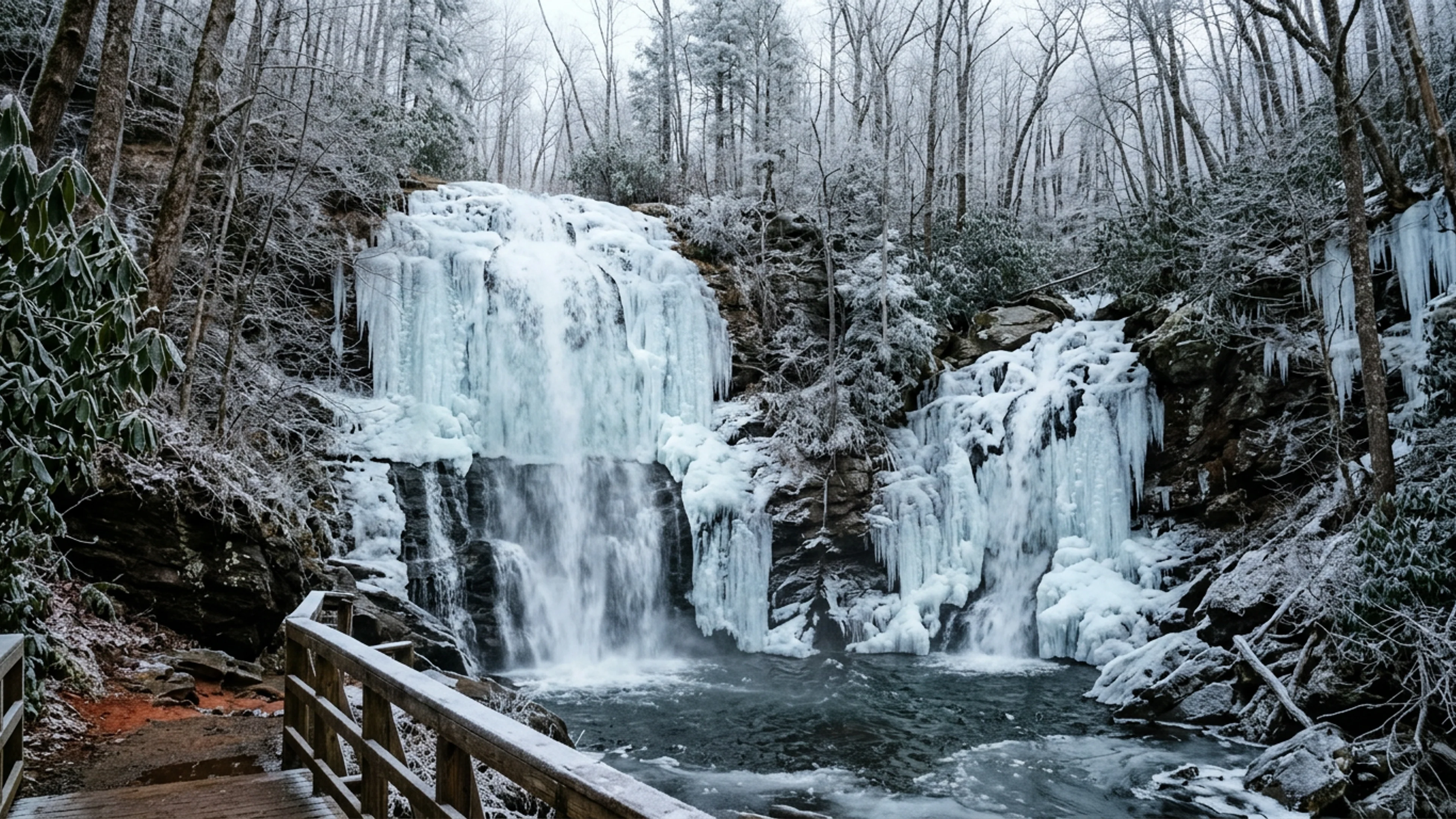 Anna Ruby Falls, photographed Monday, January 12, at approximately 10:40 a.m., from the public viewing deck at the end of the Smith Creek trail. Curtis Creek (the taller, left-side column) is visibly ice-sheathed from the upper lip down to approximately 100 feet; the remaining 53 feet of the column remains in visible liquid flow. (Photo: Bavarian Brainrot / Garrett 'Buck' Pendergrass)