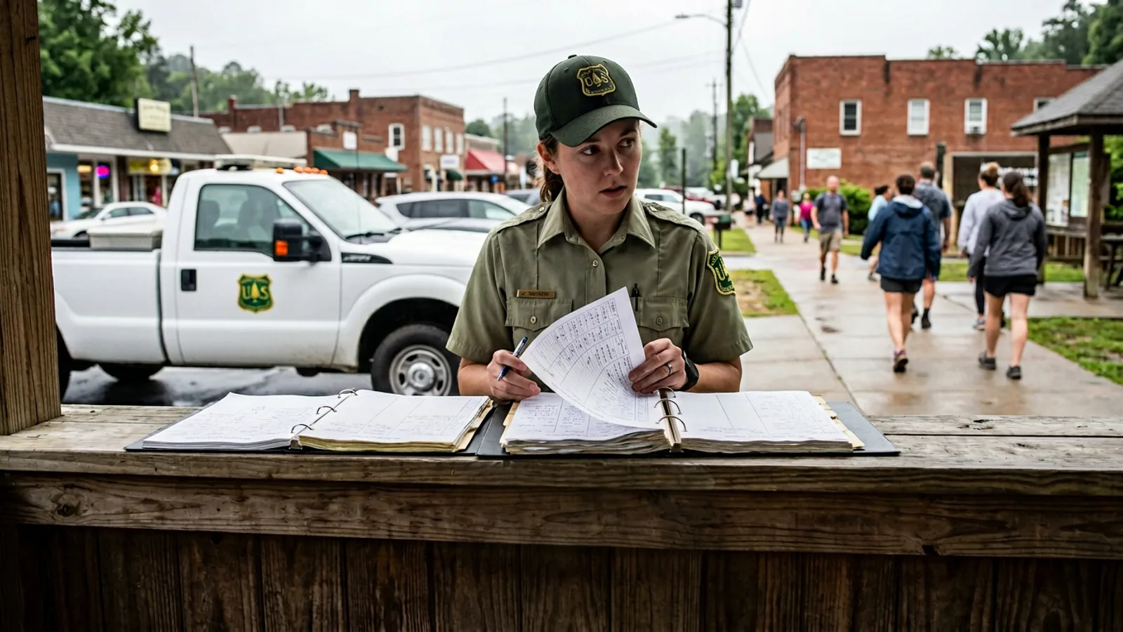The Anna Ruby Falls Visitor Center check-in kiosk, photographed on a Tuesday morning in January, showing the standard sign-in sheet that has generated 712,000 entries over three years. The waterfall is approximately 0.4 miles up the paved trail behind this building. (Photo: Bavarian Brainrot / Margaret Holcomb)