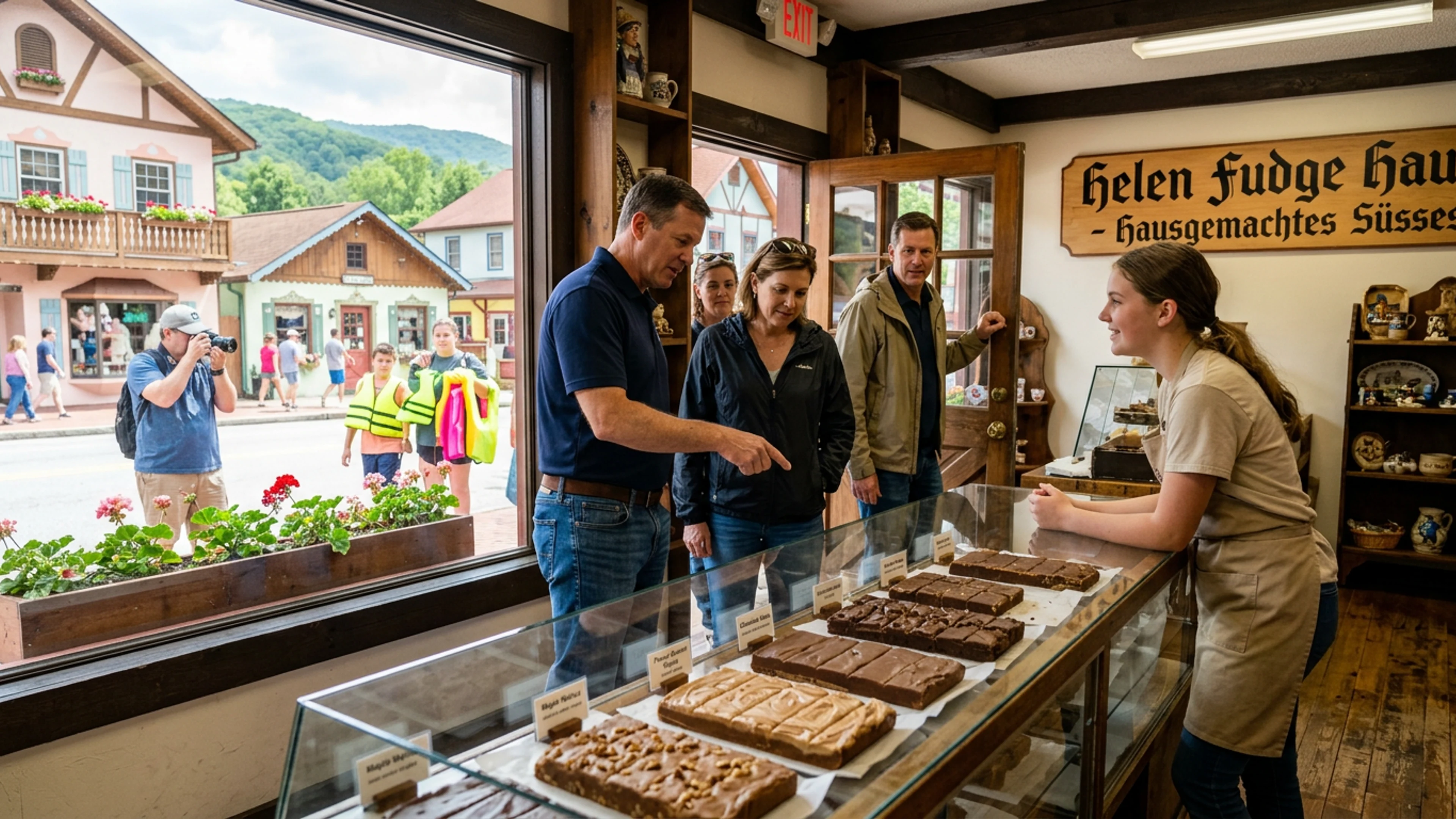 Hansel & Gretel's Fudge Shoppe at 1138 Bruckenstrasse, Monday afternoon, approximately 44 hours after the visit described in this article. The small poster in the lower-right window reading 'AS SEEN BY MOON ASTRONAUTS' was affixed, per shop owner Elke Müller, 'within the hour.' (Photo: Bavarian Brainrot / Kaitlyn Reese-Brockman)