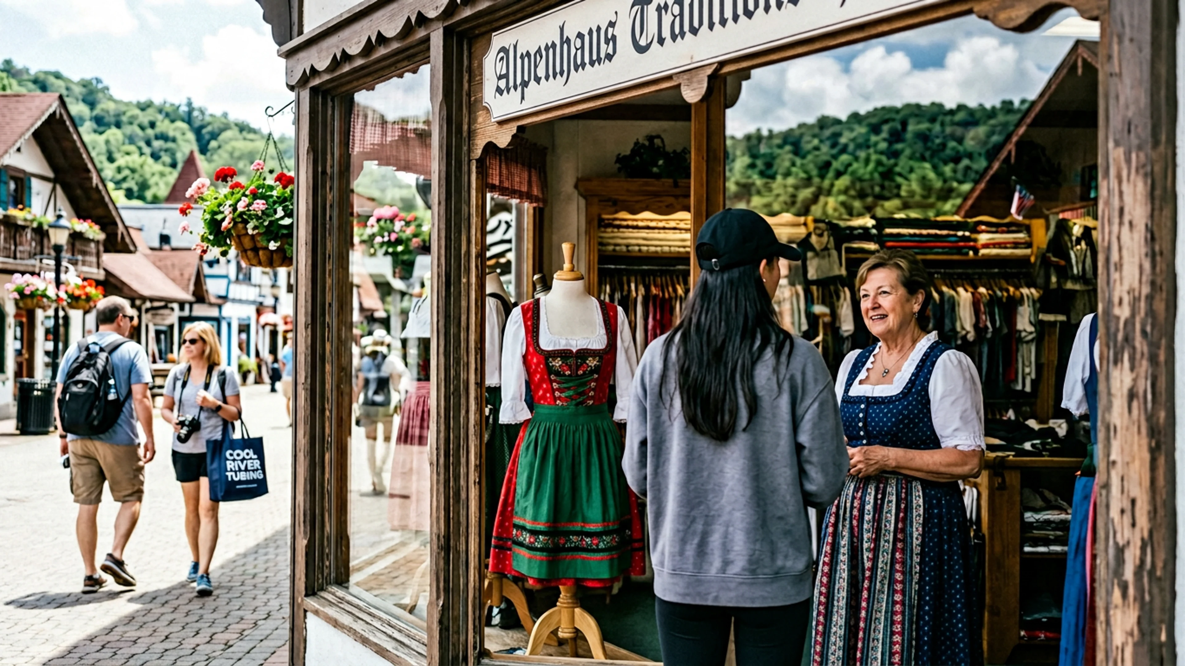 A partial view, through the front window of Kuhn's Dirndl-Emporium, of what three separate eyewitnesses identified as actress Aubrey Plaza, Saturday afternoon. The subject is visible from the shoulder up, facing away from the camera, apparently in discussion with proprietor Elisabeth Kuhn. The subject is wearing a black baseball cap without logo. (Photo: Bavarian Brainrot / Kaitlyn Reese-Brockman)