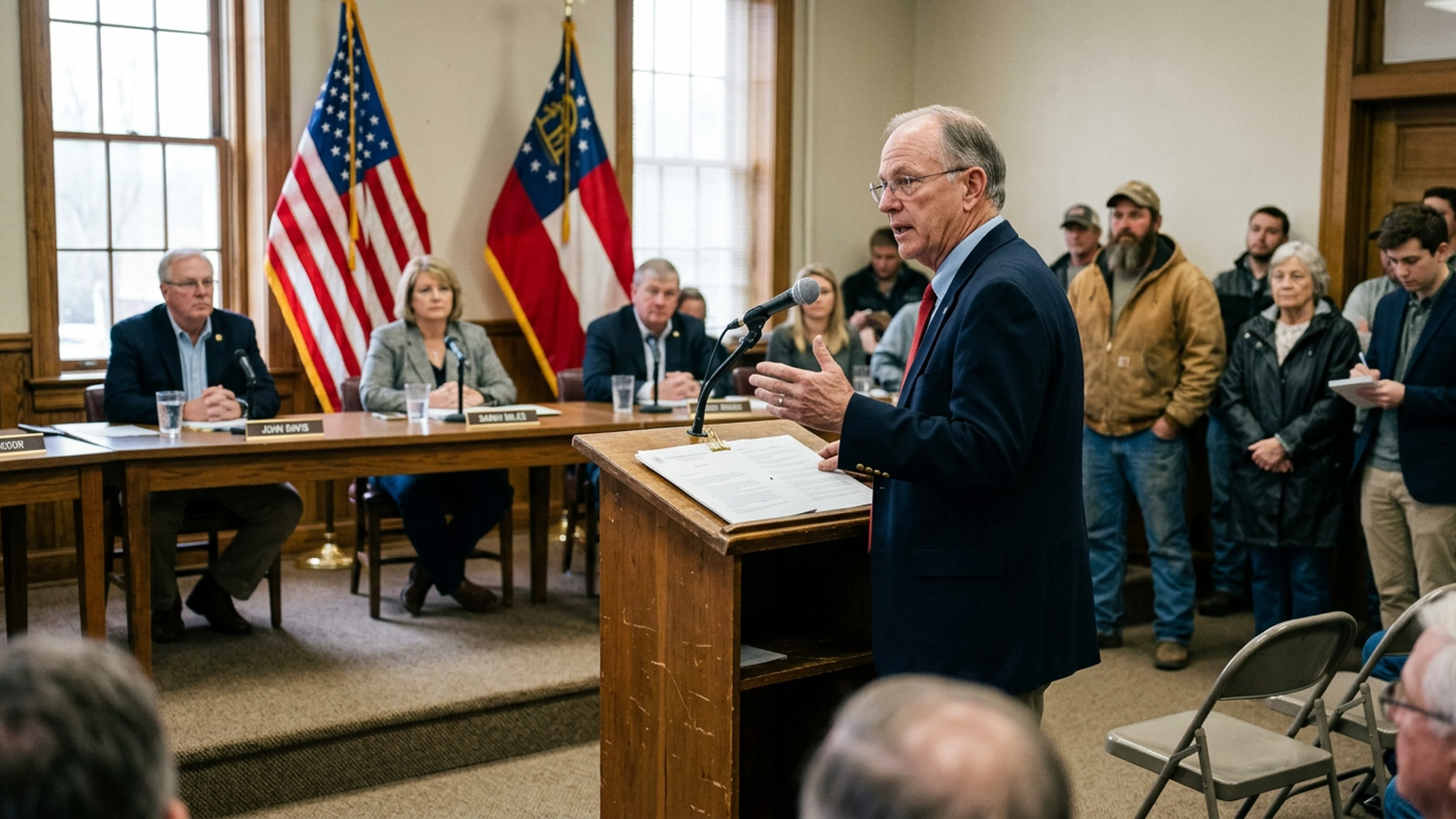 Commissioner Dale Henneman at the dais of the White County BOC's Wednesday meeting, approximately 45 minutes before the 3-2 tabling vote on Resolution 2026-02. The document on the lectern (foreground) is the nineteen-paragraph resolution, printed single-sided on 20-lb county letterhead, bound with a single butterfly clip. (Photo: Bavarian Brainrot / Margaret Holcomb)