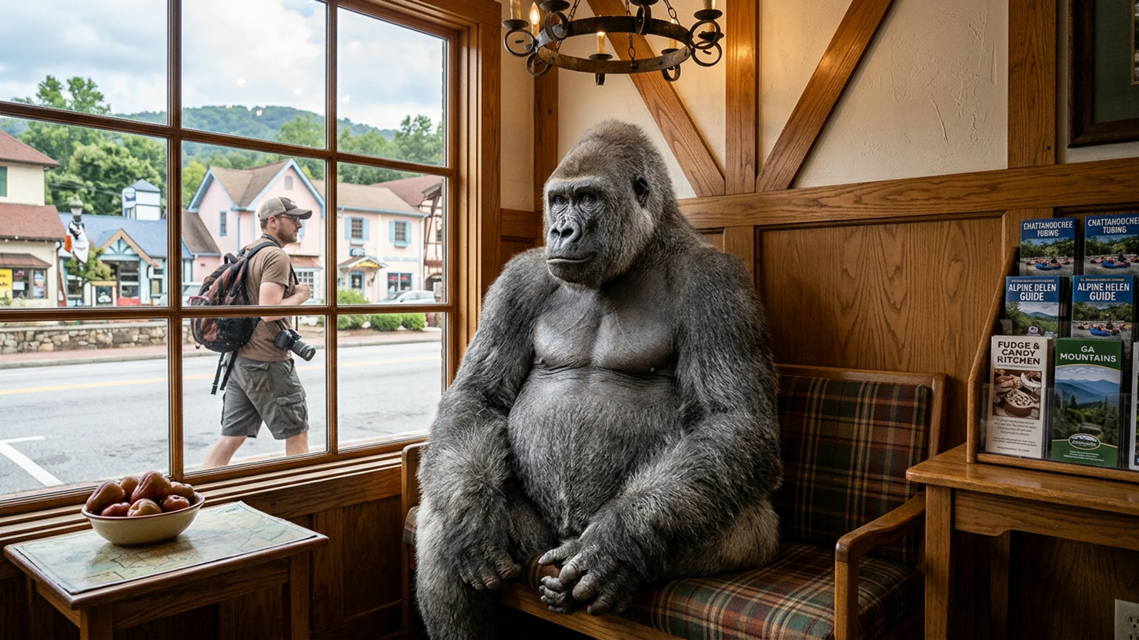 Fatou, the 69-year-old western lowland gorilla, seated on the central upholstered bench in the lobby of the Helen Welcome Center at approximately 10:14 a.m. Friday morning. A bowl of wax apples on the side table has not been touched. The gorilla's eye contact with this photographer, for a duration of approximately four seconds, is described by a Welcome Center staff member as 'knowing.' (Photo: Bavarian Brainrot / Kaitlyn Reese-Brockman)