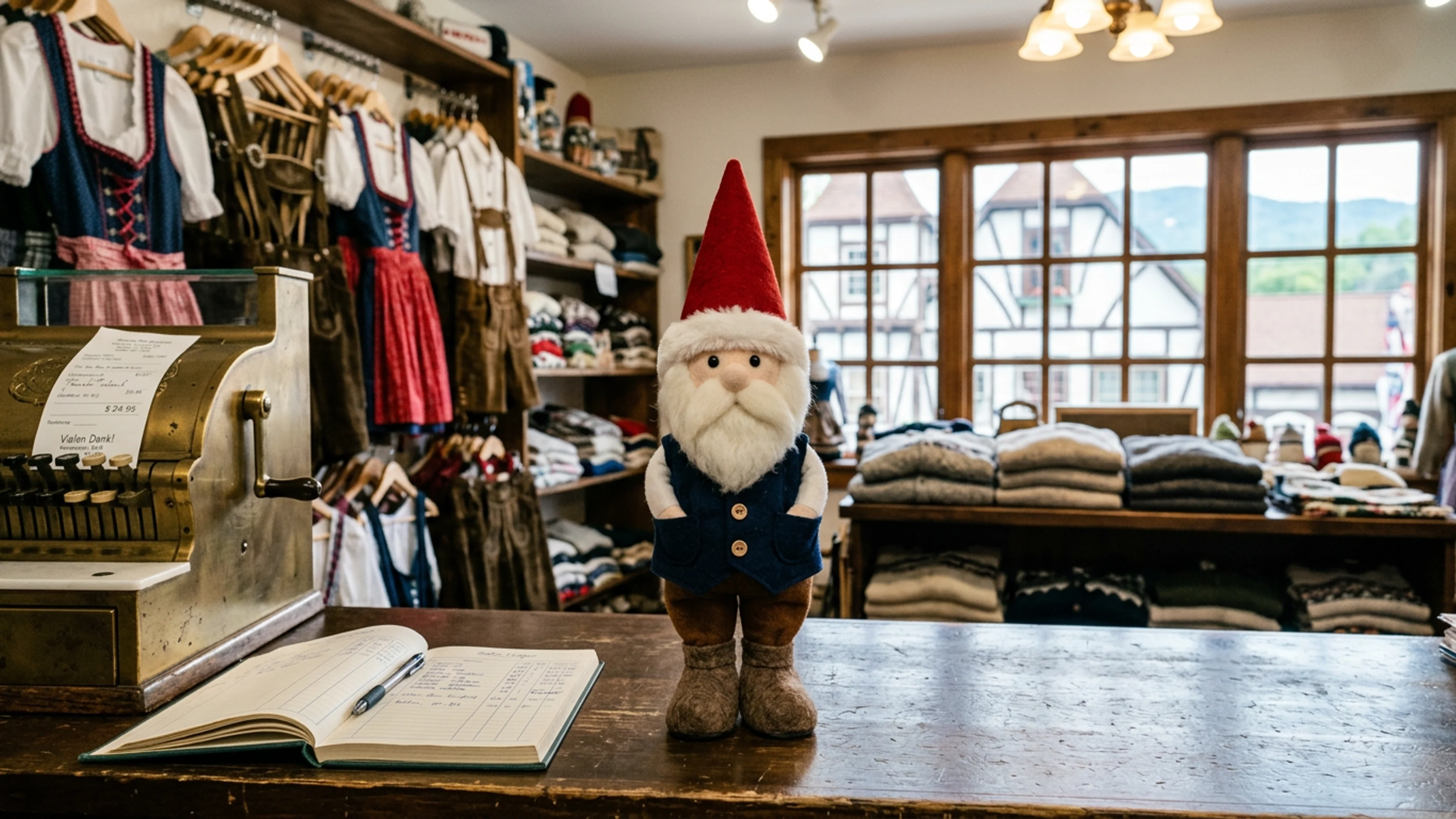 A Gnome Gerhard plush figurine on the front counter of Bodensee Apparel, Monday morning. Gerhard is 9 inches tall, weighted at the base, wearing a red pointed hat, a navy-blue vest over a white shirt, and short brown trousers. His beard is white wool. His hands are permanently in his pockets. (Photo: Bavarian Brainrot / Tasha Pemberton)
