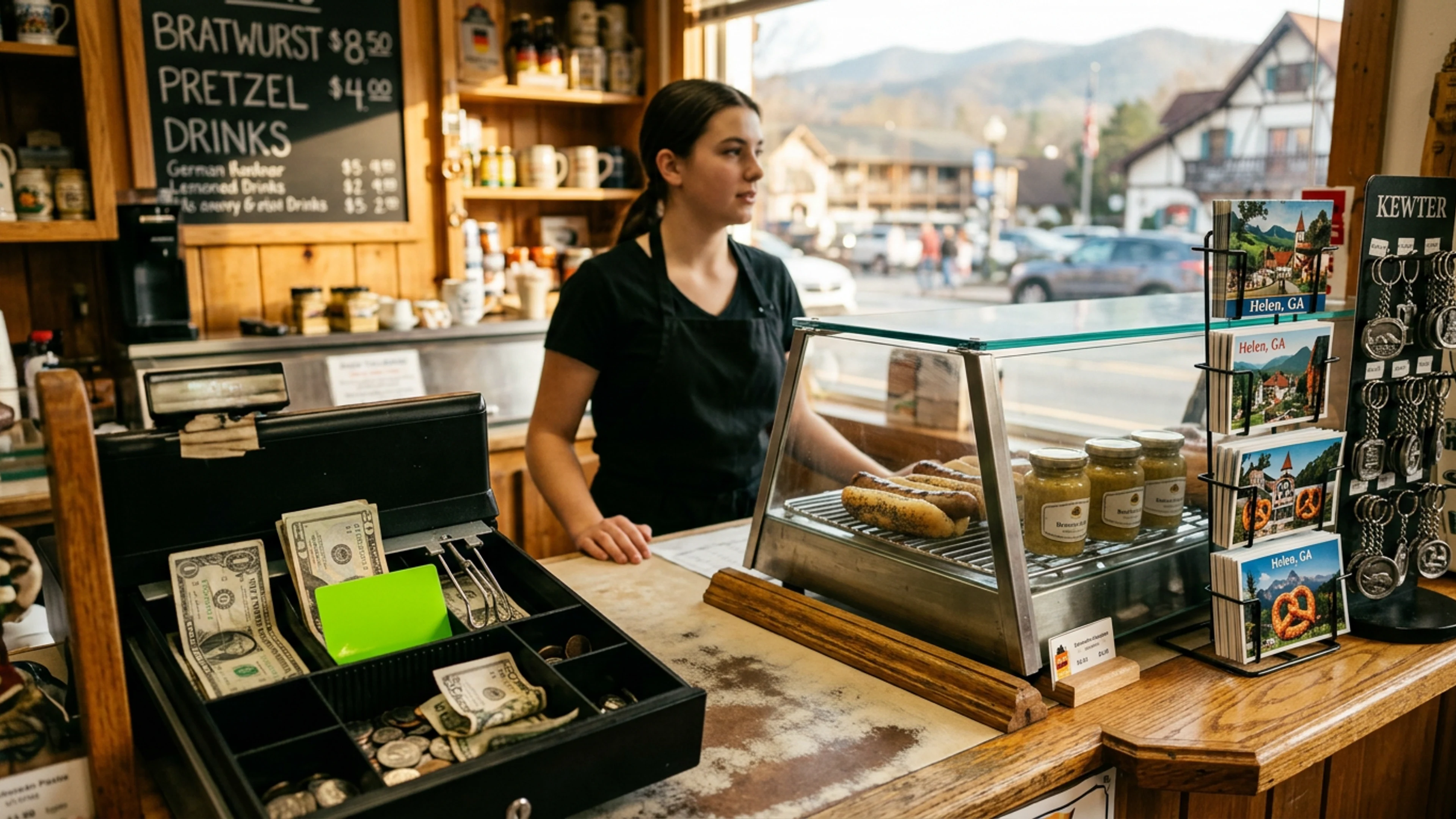 The Brat-Mart counter at 11:47 a.m. Tuesday, five minutes after the transaction. The 'Brat Card' in question, a 3-by-2-inch glossy stock card in Charli XCX's signature lime green with black sans-serif block type reading 'BRAT,' is visible in the cash drawer's top bill slot, occupying space a $20 bill would ordinarily occupy. (Photo: Bavarian Brainrot / Connor McAllister)