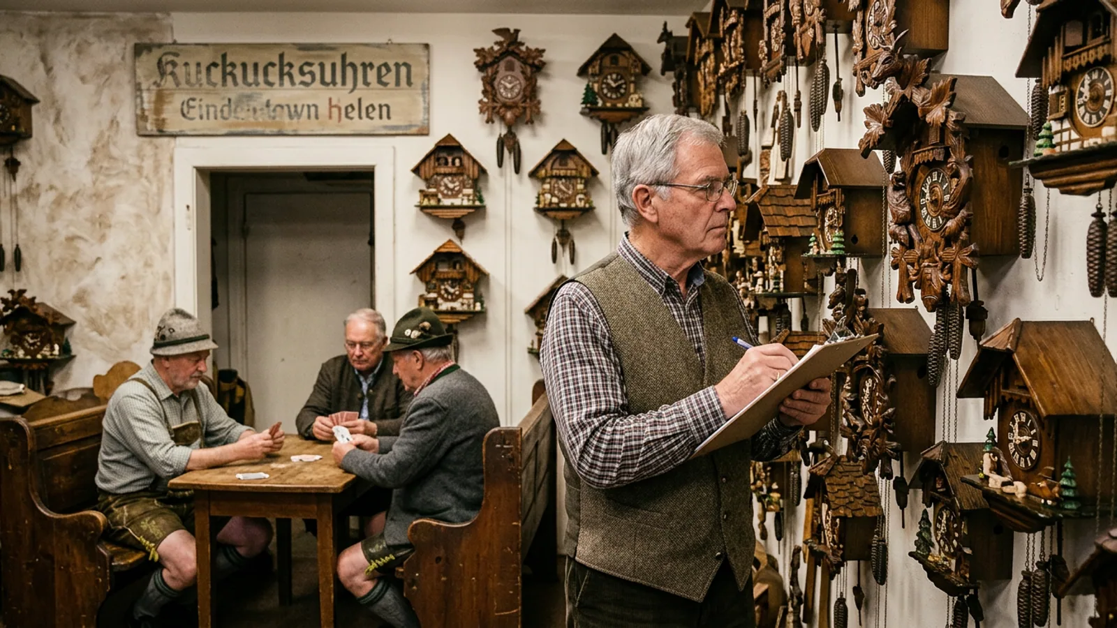 A portion of the cuckoo-clock inventory at a Bruckenstrasse establishment, photographed during Dr. Brüning's January 2026 survey. The clock ranked #1 in this survey is not visible in this photograph. (Photo: Bavarian Brainrot / Dr. Wilhelm Brüning)
