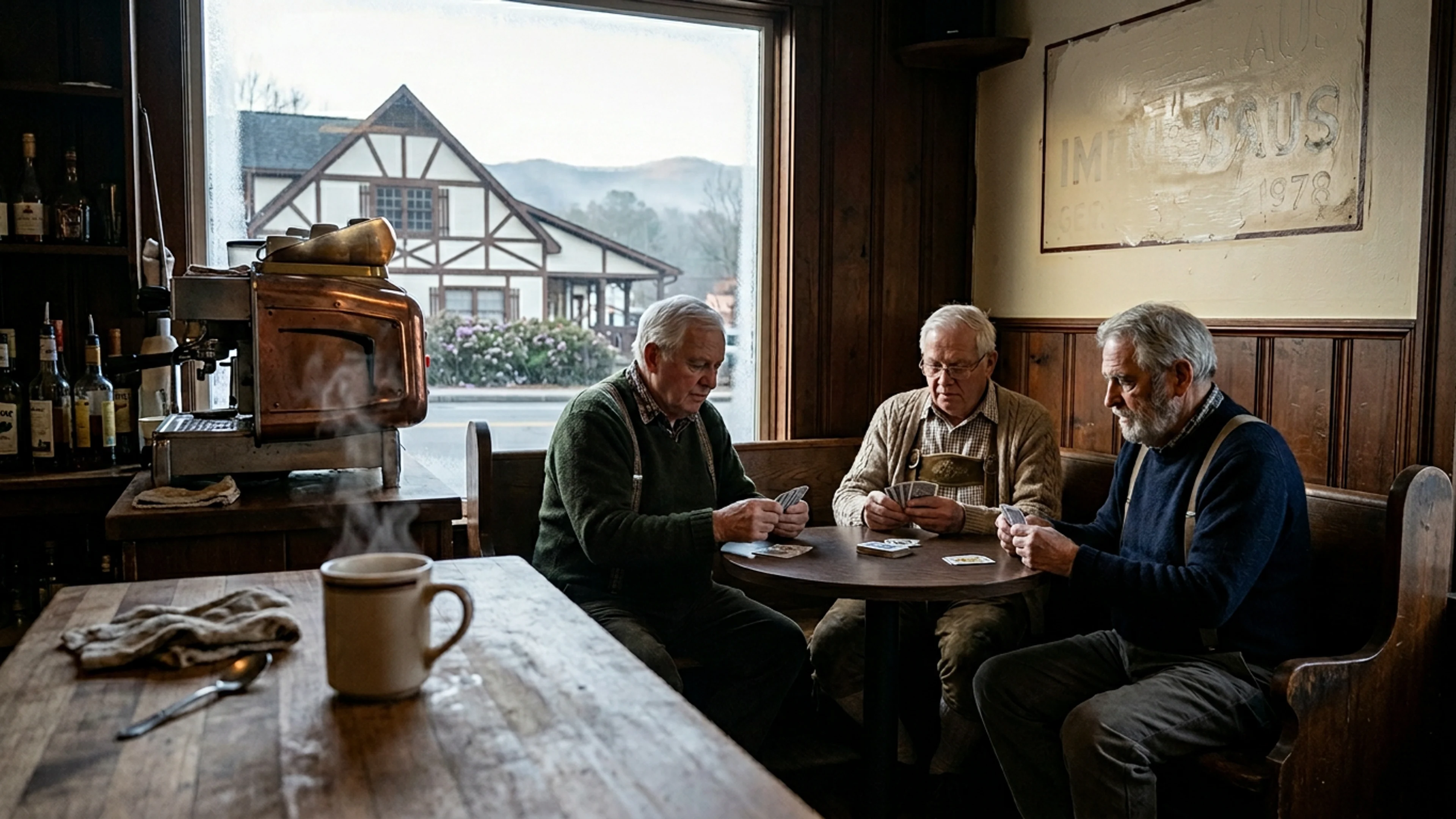 The counter at the Alpine Espresso Bar, 418 Edelweiss Strasse, at approximately 7:20 a.m. Thursday morning. A ceramic mug, half full, rests on the counter's left side. The steam rising from its surface is visible, in the light coming through the front window, against the dark-wood backdrop of the back wall. (Photo: Bavarian Brainrot / Dr. Wilhelm Brüning)