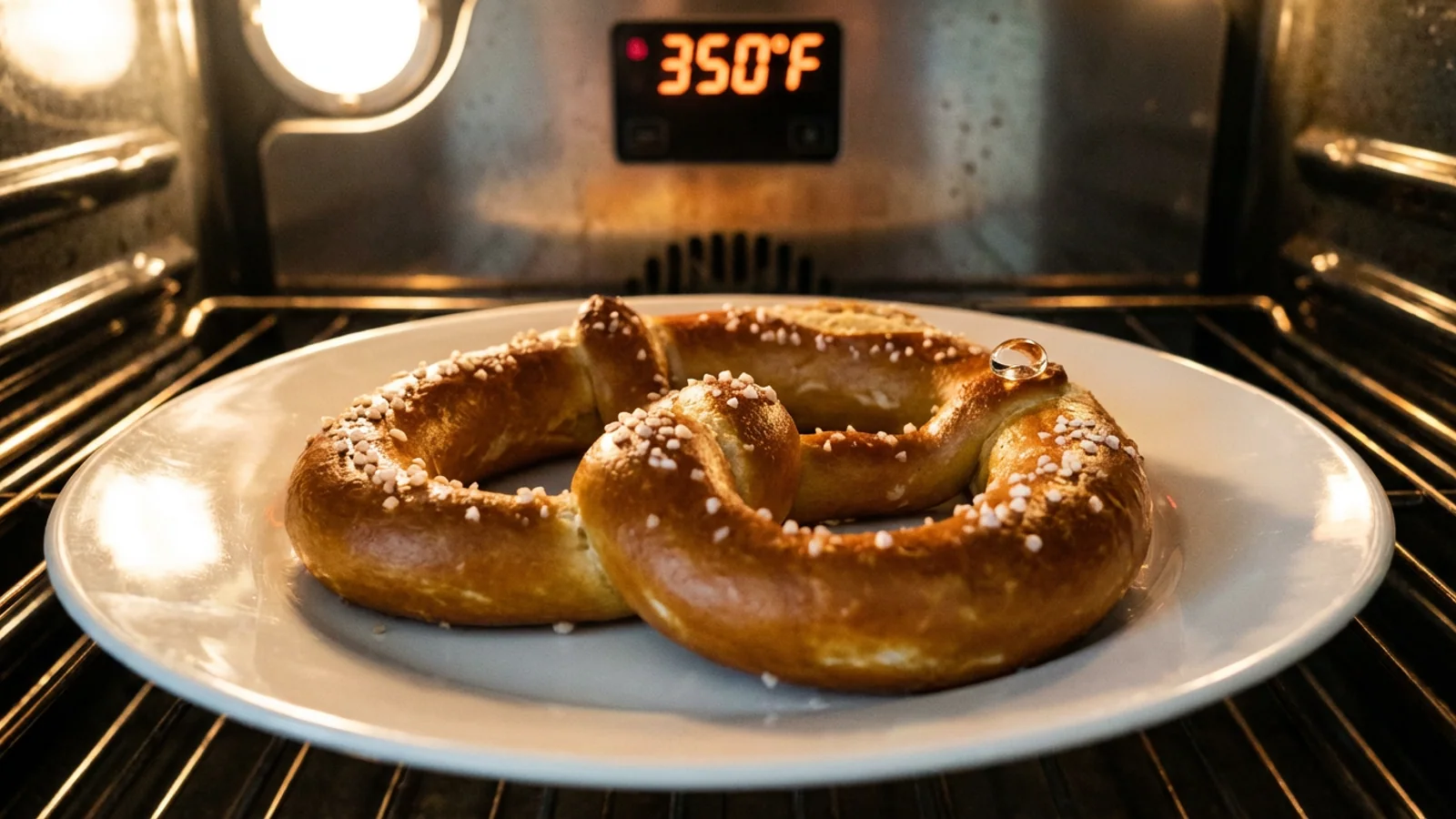 The pretzel, at 2:19 p.m. Thursday, April 9, 2026. A small bead of clear liquid is visible on the upper curve of the pretzel, approximately one-third of the way down the right loop. (Photo: Dr. Wilhelm Brüning, self-filed)