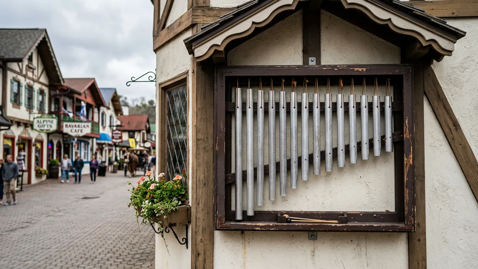 The Helen Welcome Center glockenspiel, photographed from Bruckenstrasse, January 2026. The tubes visible at center are the instrument's retuned 1997 configuration. (Photo: Bavarian Brainrot / Dr. Wilhelm Brüning)