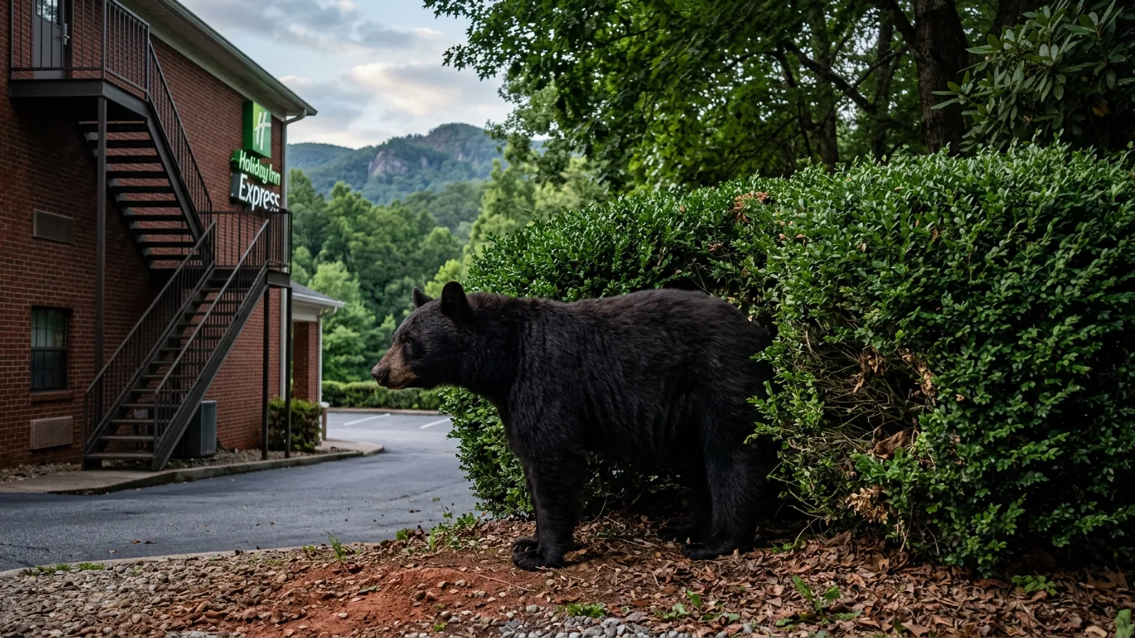 The subject bear, photographed from 80 yards at the east corner of the Holiday Inn Express hedge, 11:34 p.m. Tuesday, March 24. Telephoto, 400mm equivalent. (Photo: Bavarian Brainrot / Buck Pendergrass)