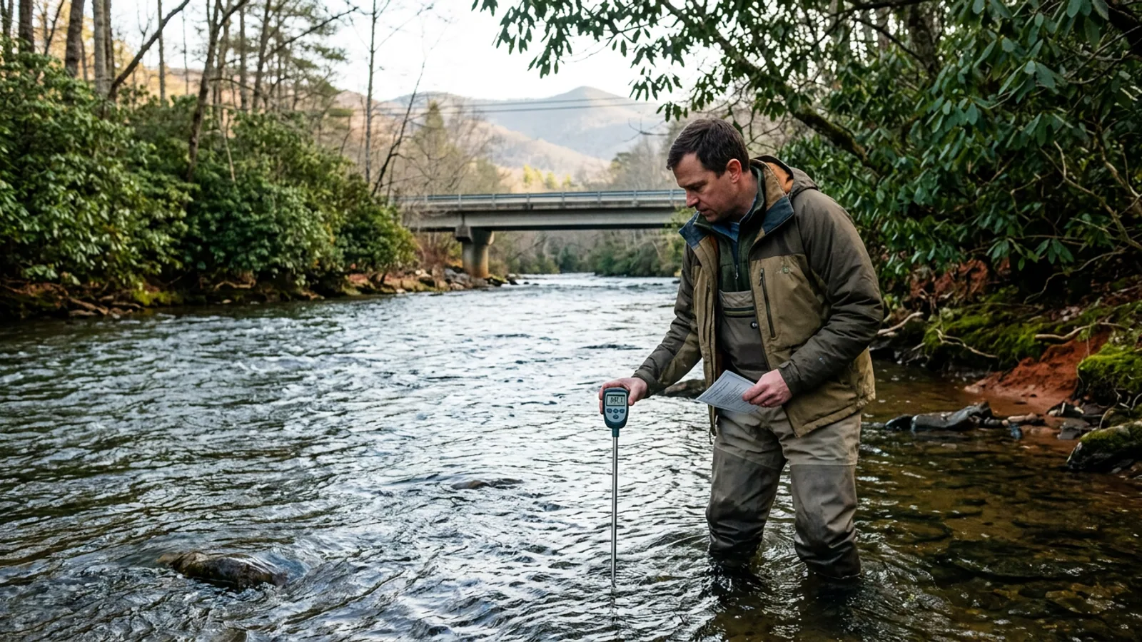 The Chattahoochee at Monitoring Point 4 (the Edelweiss Strasse footbridge), 7:52 a.m. Thursday. Flow was 98 cubic feet per second. (Photo: Bavarian Brainrot / Buck Pendergrass)