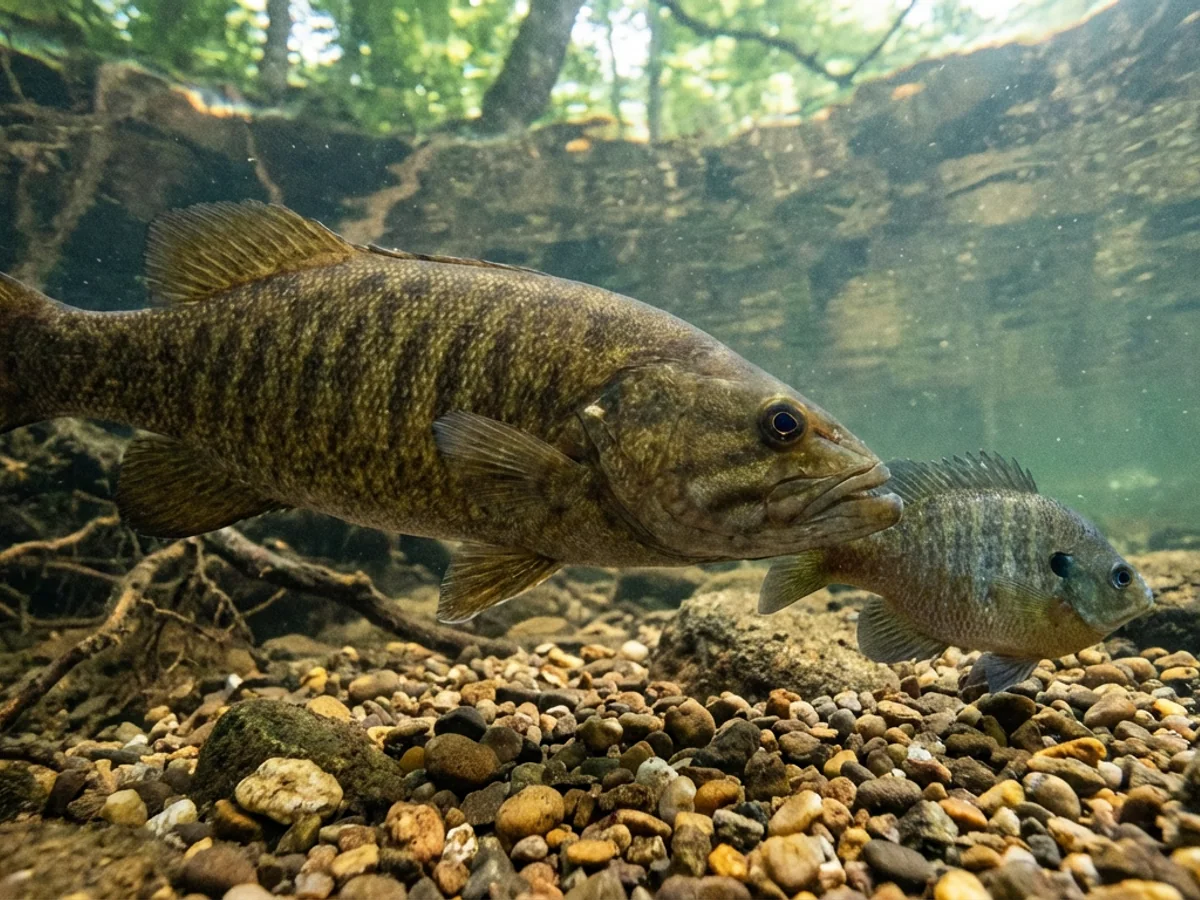 The Administrator, a smallmouth bass of medium size, photographed in the act of moving another, smaller fish out of what appears to be a claimed territory, as if managing a workflow.