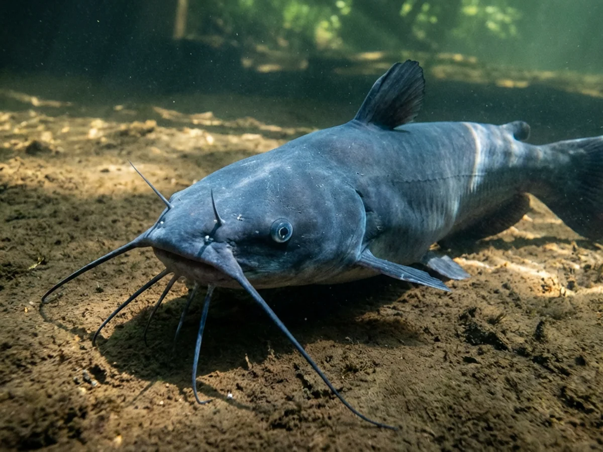 Aunt Rosemary, a channel catfish approximately 24 inches long, at rest on a silt bed in a deep pool below the municipal footbridge, whiskers fully extended.