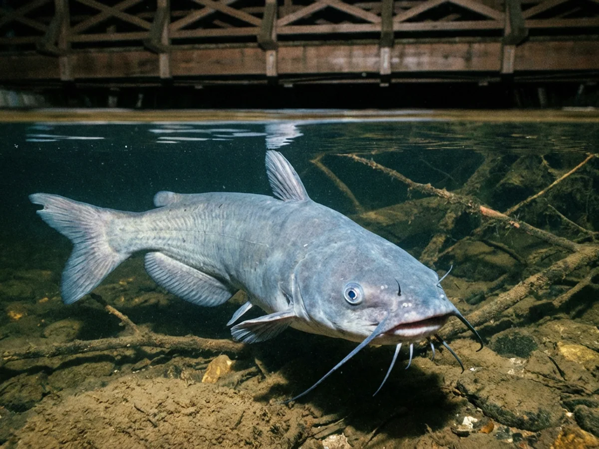 Bob, a large channel catfish with a distinctive notch in his tail fin, photographed at night in the deep pool by the Festhalle footbridge, mid-turn.