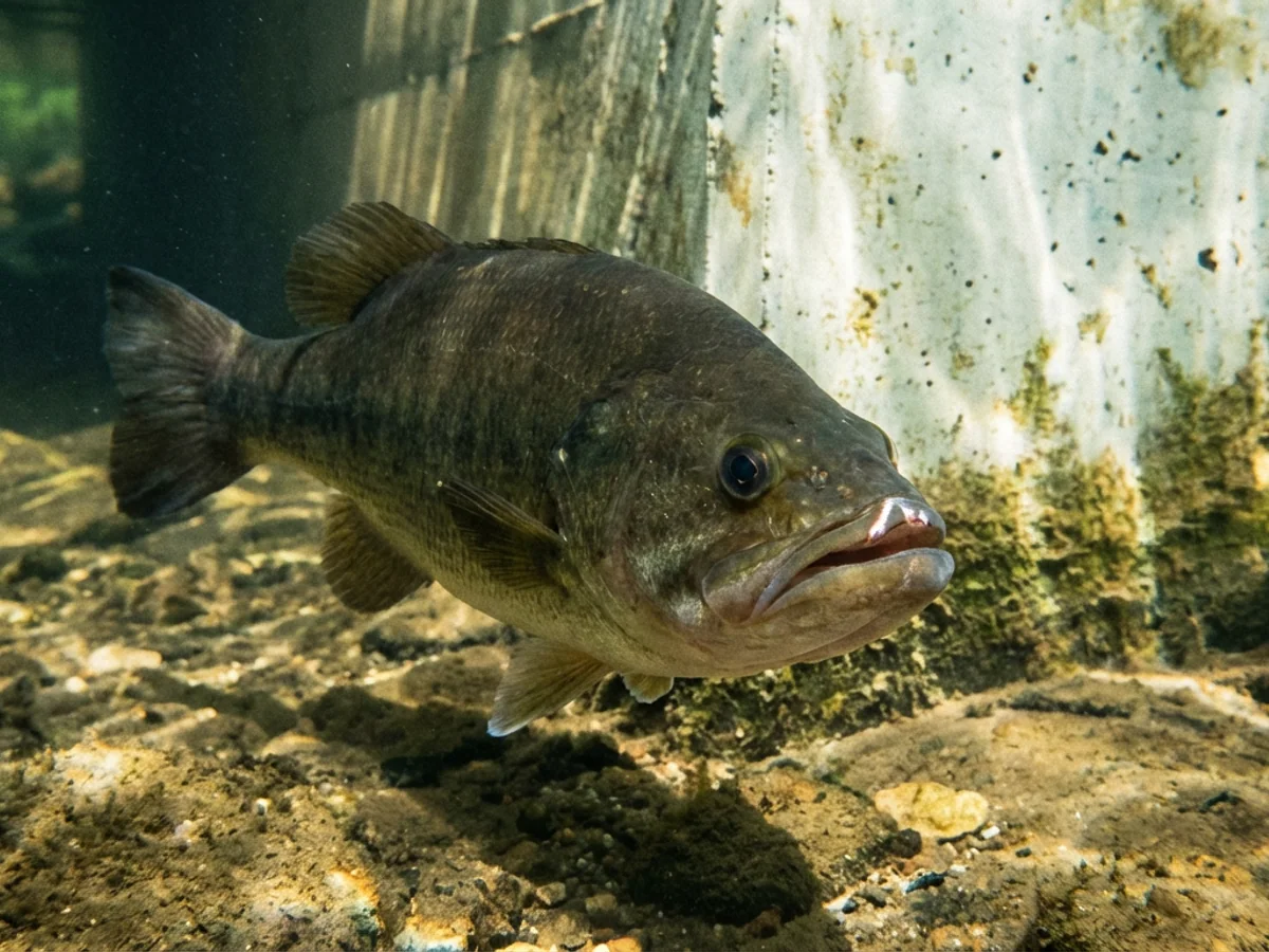 Claude, a large brown-black largemouth bass with a distinctive scar along his upper lip, photographed in the shallows near the Robertstown Road bridge.