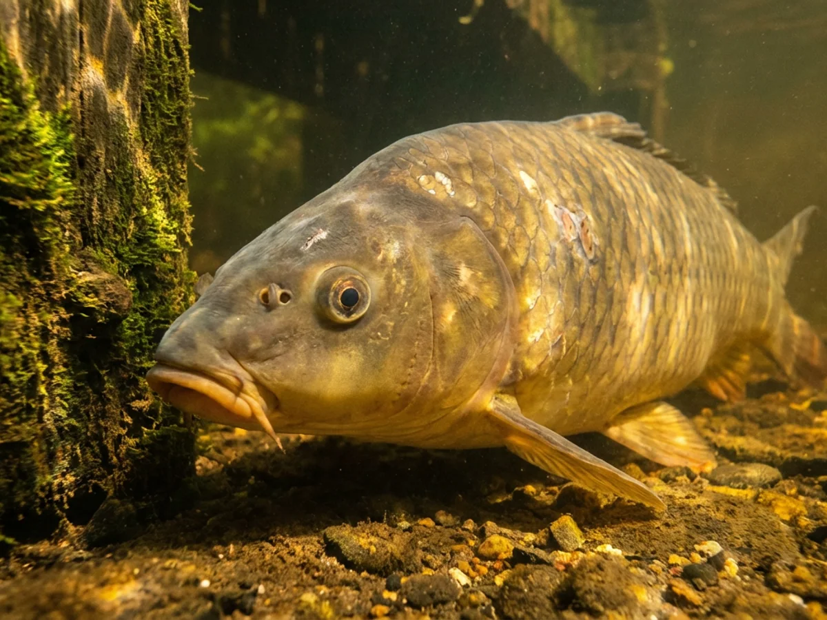 Dentist, a large common carp with the calm affect of a professional, photographed at rest near the municipal park footbridge during a cold-water period.