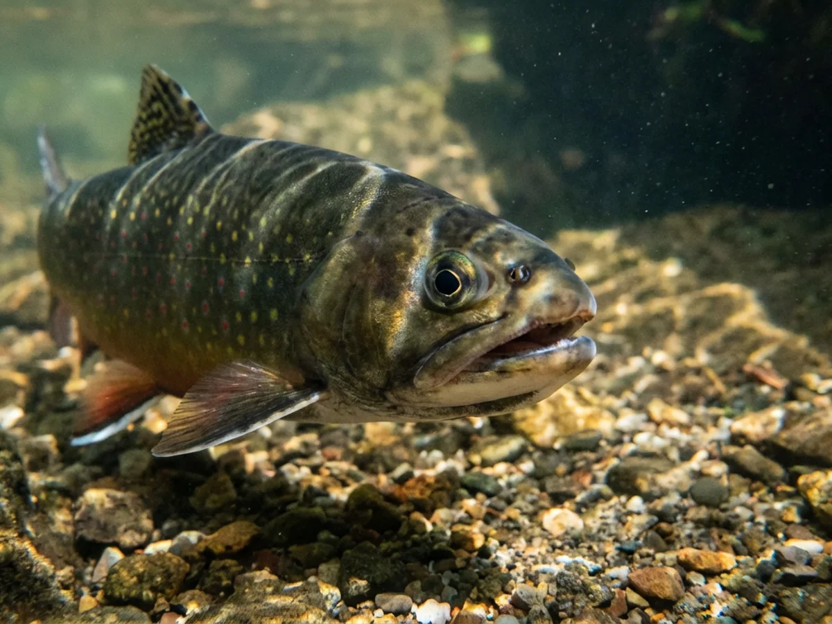 A brook trout in a shaded pocket of the riverbank, with a facial expression that reads, unmistakably, as disappointment.