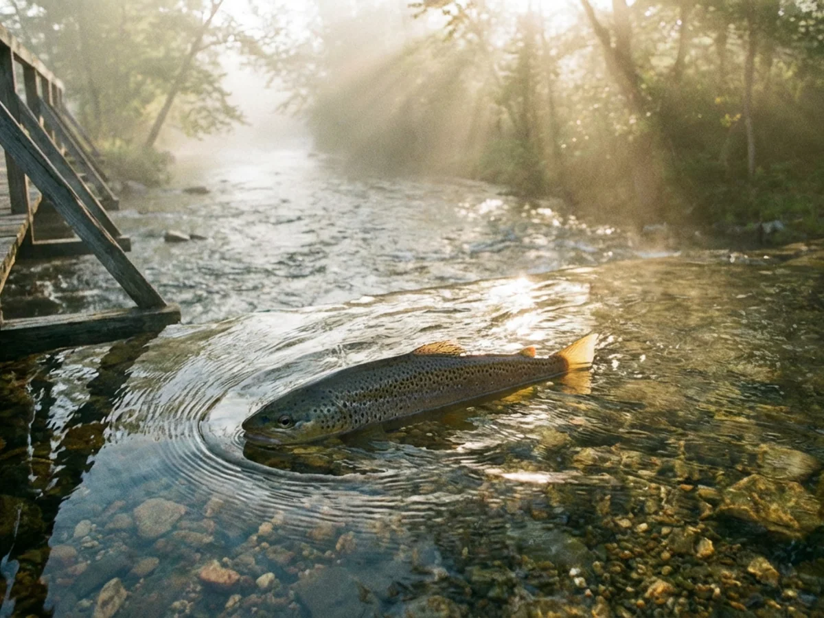 Garrett, a medium-sized brown trout with a distinctive dark lateral stripe, photographed in the early morning at the Edelweiss Strasse footbridge, 1998.