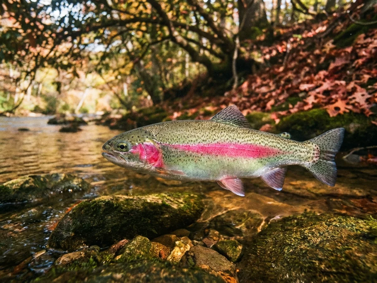 Linda's Trout, a striking rainbow trout with unusually vivid lateral coloration, holding position in the current near the Kaufmann family property at the river's bend.