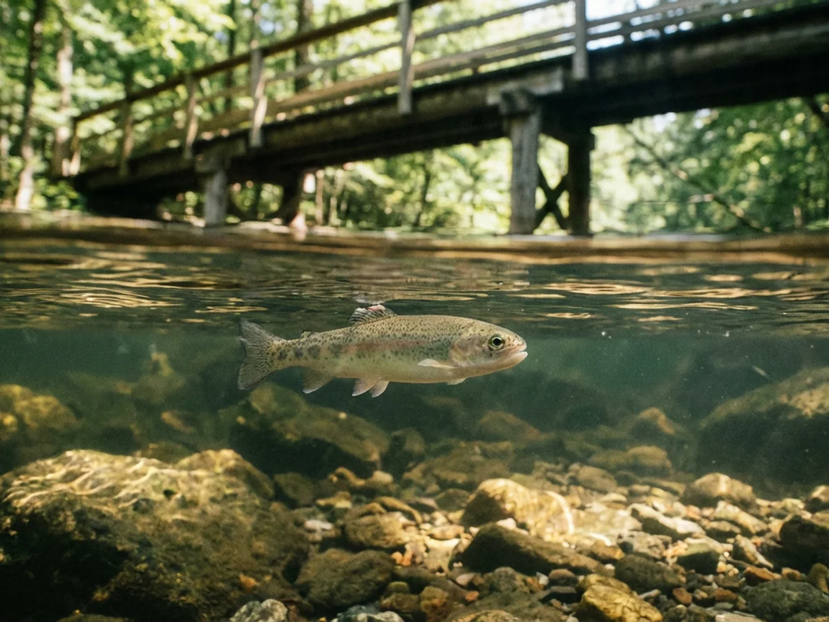 A rainbow trout, approximately eight inches, distinctive for its unusually pale underside, holding position just below the surface in slack water near the Edelweiss Strasse footbridge.