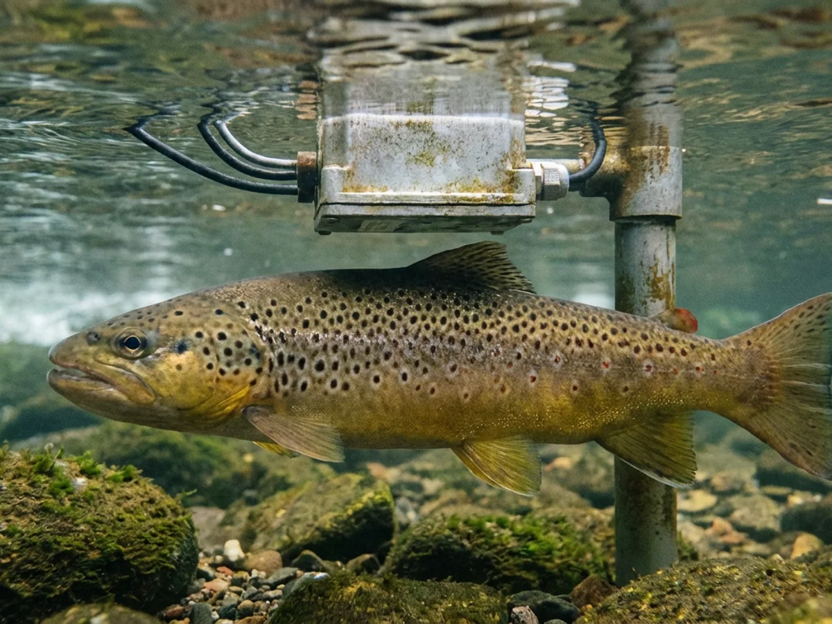 A large brown trout, in almost perfect lateral profile, captured in the October 2021 USGS water-temperature survey photo of the Chattahoochee at Helen. The trout has never been seen again.
