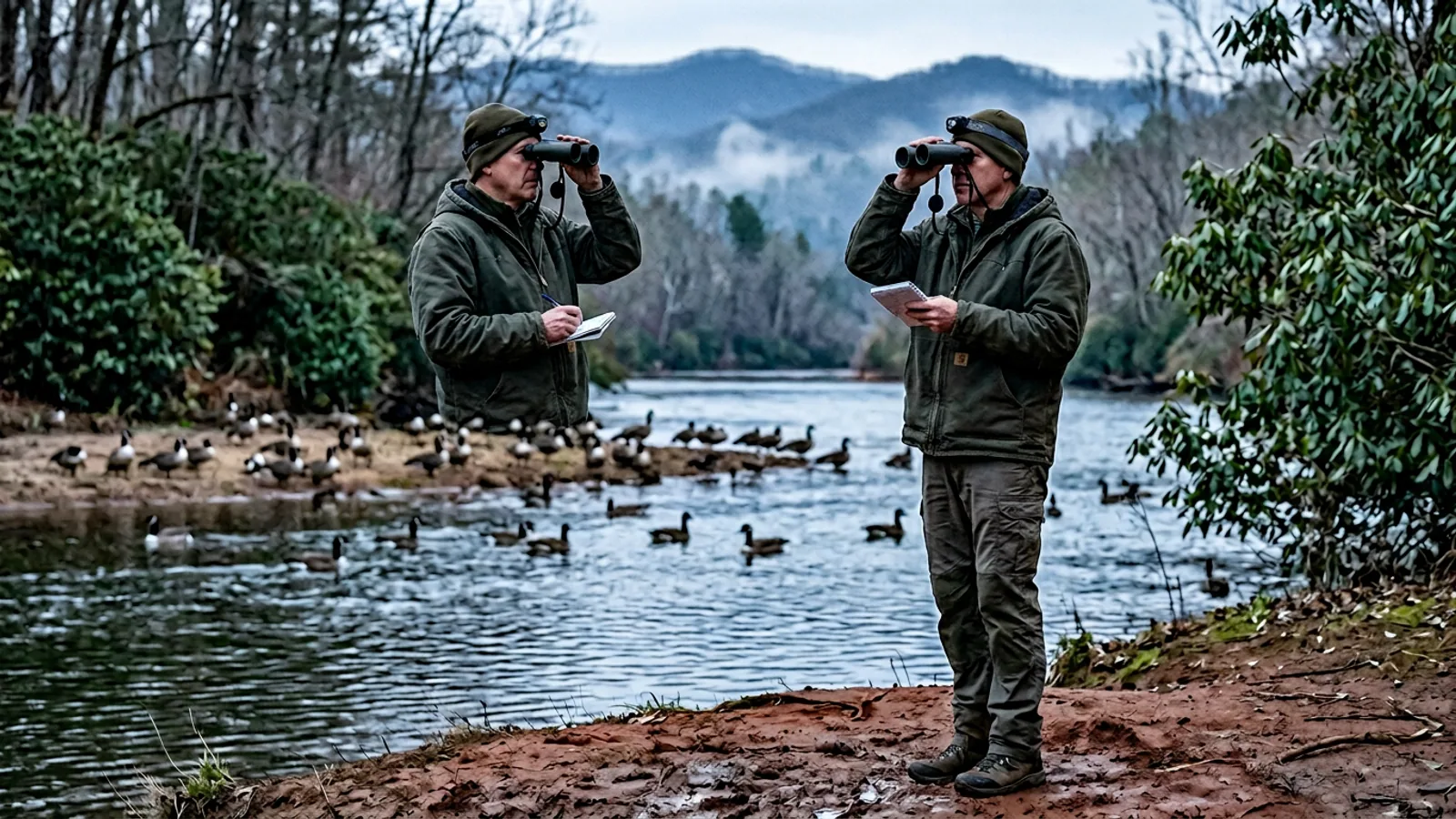 A portion of the resident Canada goose population on the Chattahoochee east bank, downstream of the Helendorf put-in, Tuesday morning. Count at time of photograph: 74 individuals. (Photo: Bavarian Brainrot / Buck Pendergrass)