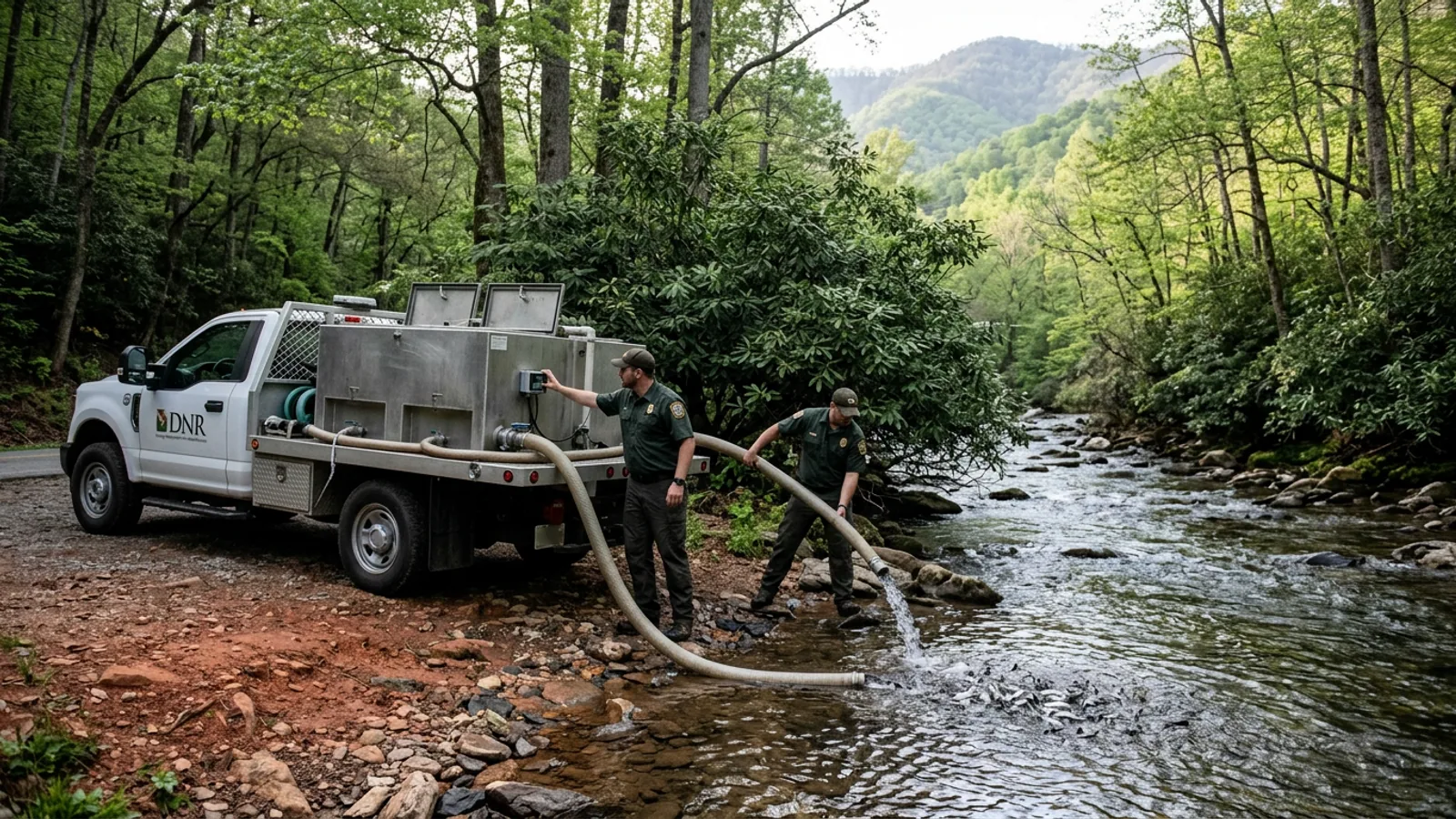 The DNR stocking truck at the Smith Creek lower access pull-off, Unicoi State Park entrance road, 7:21 a.m. Tuesday, March 18. (Photo: Bavarian Brainrot / Buck Pendergrass)