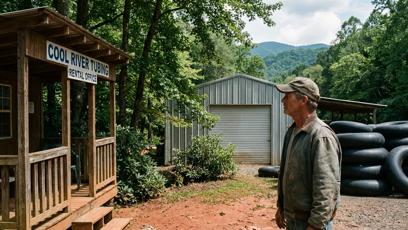 Raymond Eckles in the roll-up-door opening, Cool River Tubing main storage building, Wednesday morning. The building was last ventilated on November 3, 2025. (Photo: Bavarian Brainrot / Buck Pendergrass)