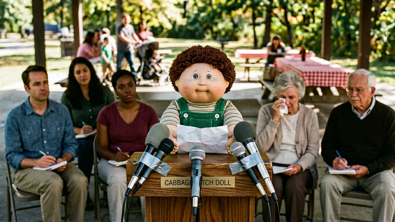 Cornelius reads from the prepared statement at the BabyLand General Hospital south lawn press riser, Saturday morning. (Photo: Bavarian Brainrot / Connor McAllister)
