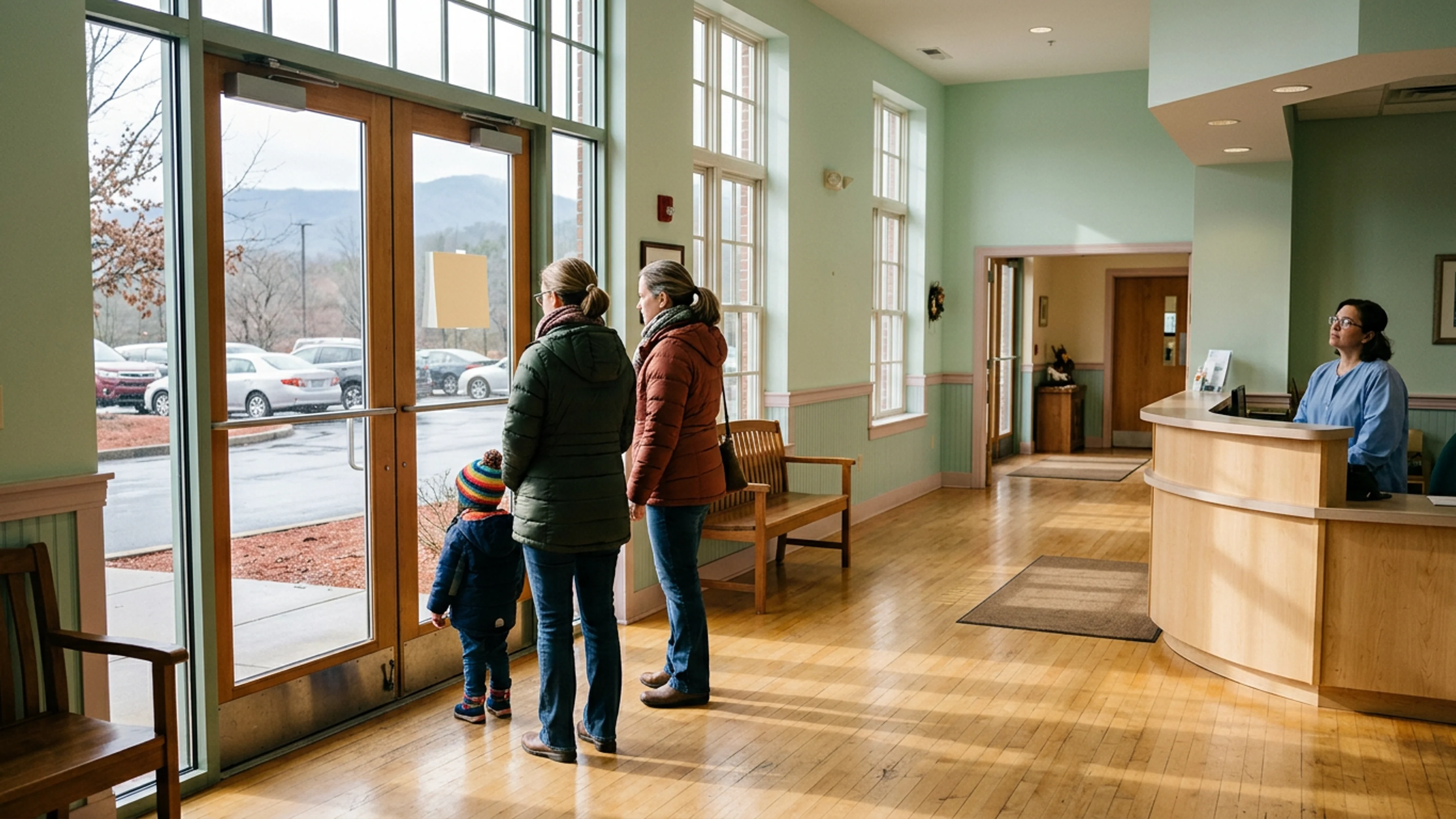The posted winter-hours notice inside the front foyer of BabyLand General Hospital at 300 NOK Drive, Cleveland, Friday afternoon. The notice is printed in 18-point Garamond on cream-colored card stock and reads, in part: 'Due To Unusually Elevated Mother-Patient Census, January-March Visiting Hours Are Adjusted To 11:00 A.M.-4:00 P.M. Daily.' (Photo: Bavarian Brainrot / Romi Fitzgerald)