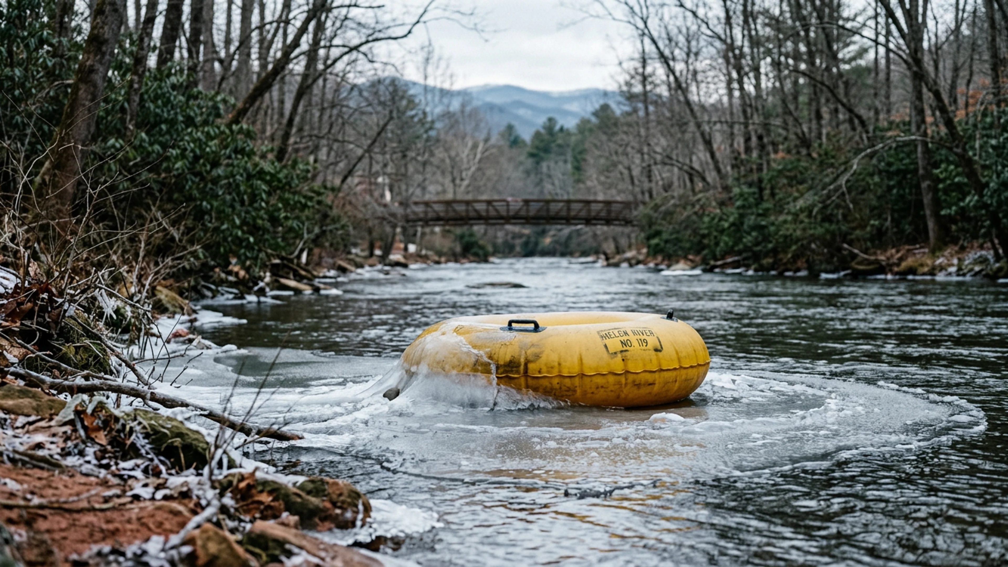 Cool River Tubing inflatable tube #CR-2023-1847 in a slow-moving eddy on the south bank of the Chattahoochee River, approximately 320 feet upstream of the Robertstown Road bridge, Tuesday morning. The tube is approximately 40% encased in a developing ice-jam formation; its serial number is visible, printed in black on a yellow vinyl patch affixed to the upper right quadrant. Water temperature at the eddy, per a handheld reading by this reporter: 36°F. (Photo: Bavarian Brainrot / Garrett 'Buck' Pendergrass)