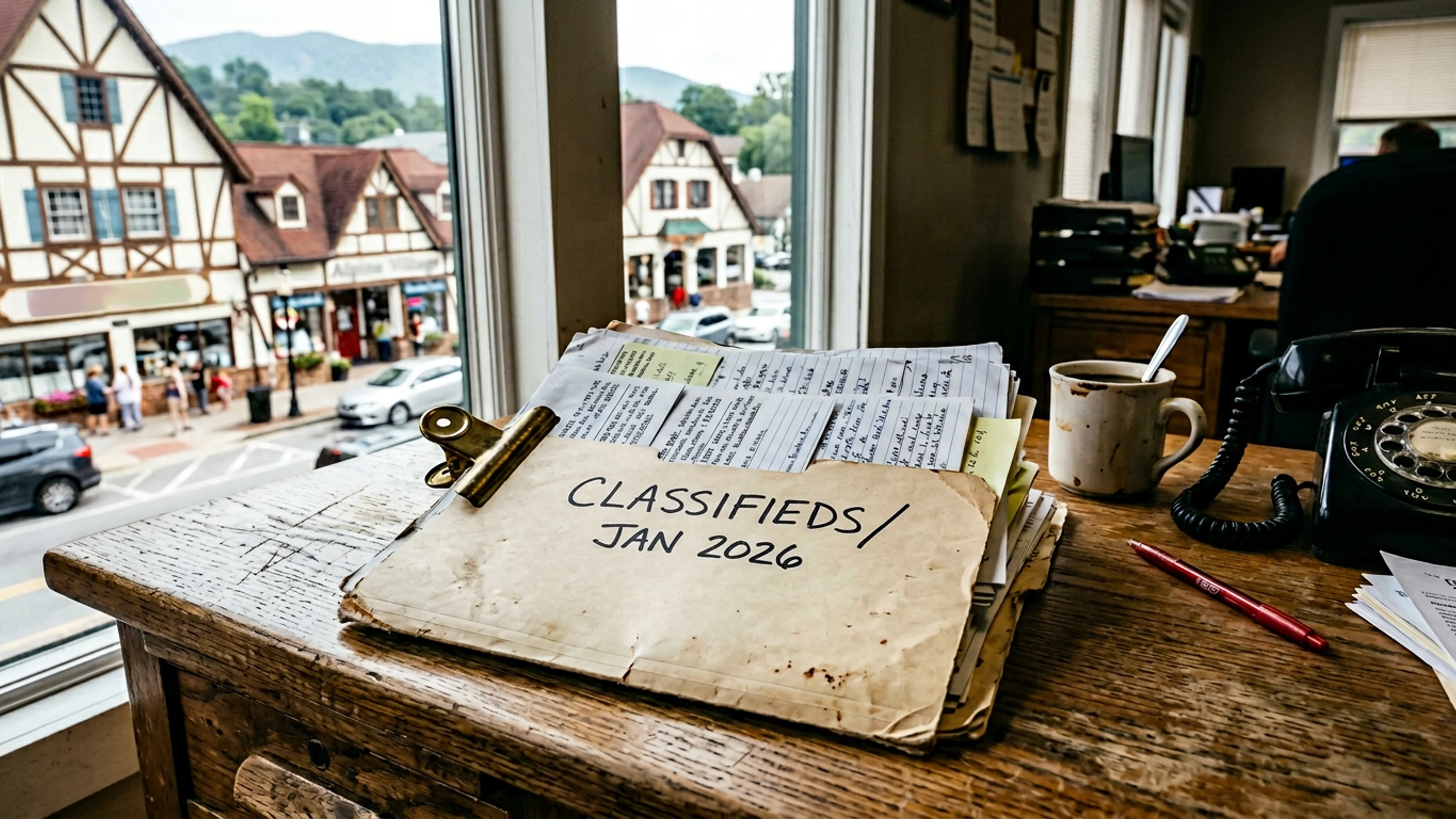 Our classifieds desk: a manila folder labeled 'CLASSIFIEDS / JAN 2026' on the editorial-office front table, containing nineteen submitted listings, Tuesday morning. The folder is, per convention, held flat with a small brass clip. (Photo: Bavarian Brainrot / Connor McAllister)