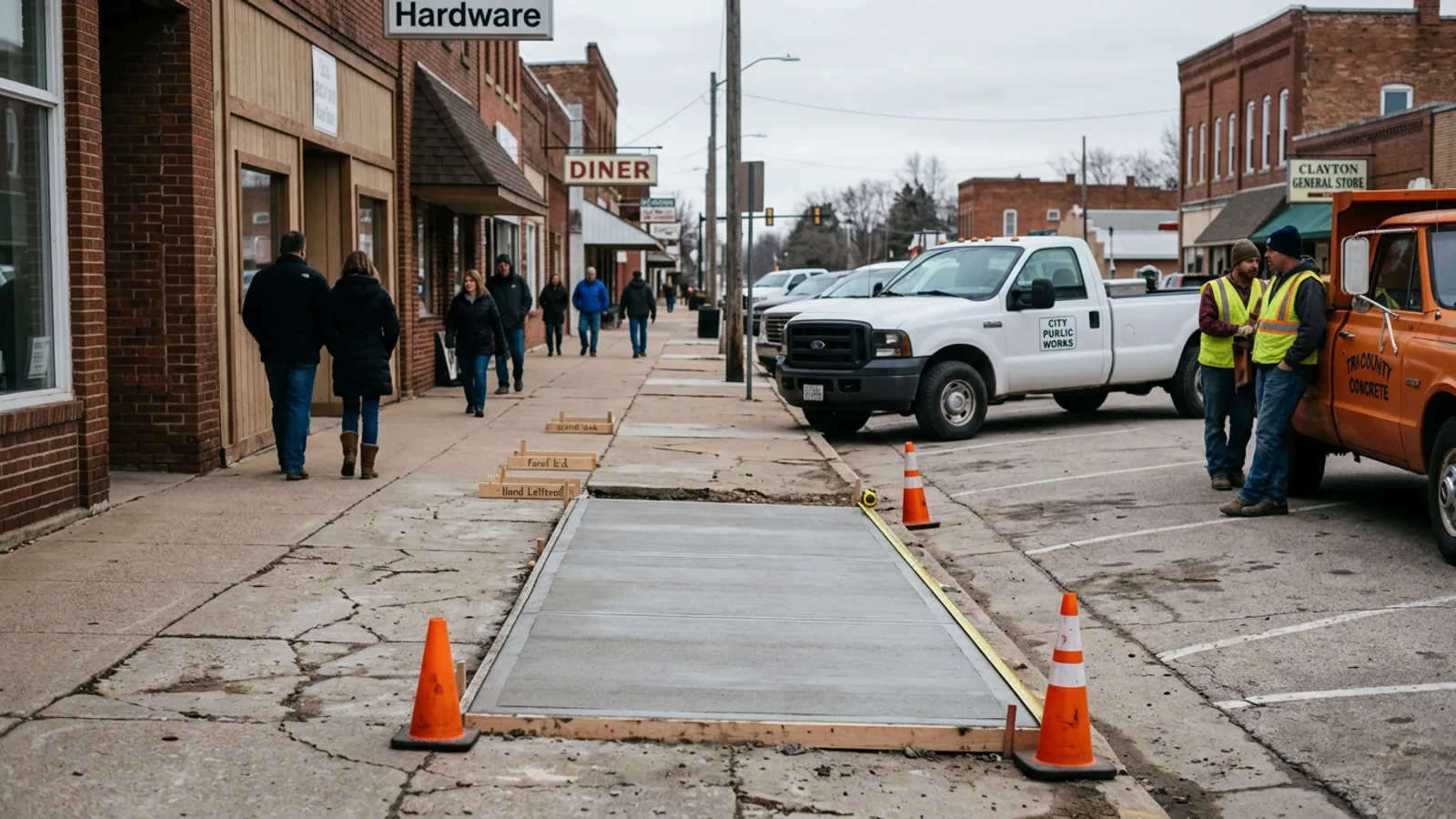 The 17 linear feet of completed sidewalk replacement on Savannah Street, Clayton, photographed Tuesday. Orange construction fencing marks the next phase of the project, which has not begun. (Photo: Bavarian Brainrot / Margaret Holcomb)