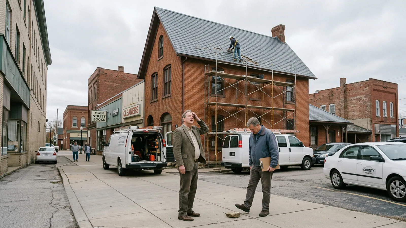 The White County Historical Society building on Hunt Street, Cleveland, Friday morning. The compromised slate section is on the north-facing rear slope, not visible from the street. (Photo: Bavarian Brainrot / Margaret Holcomb)