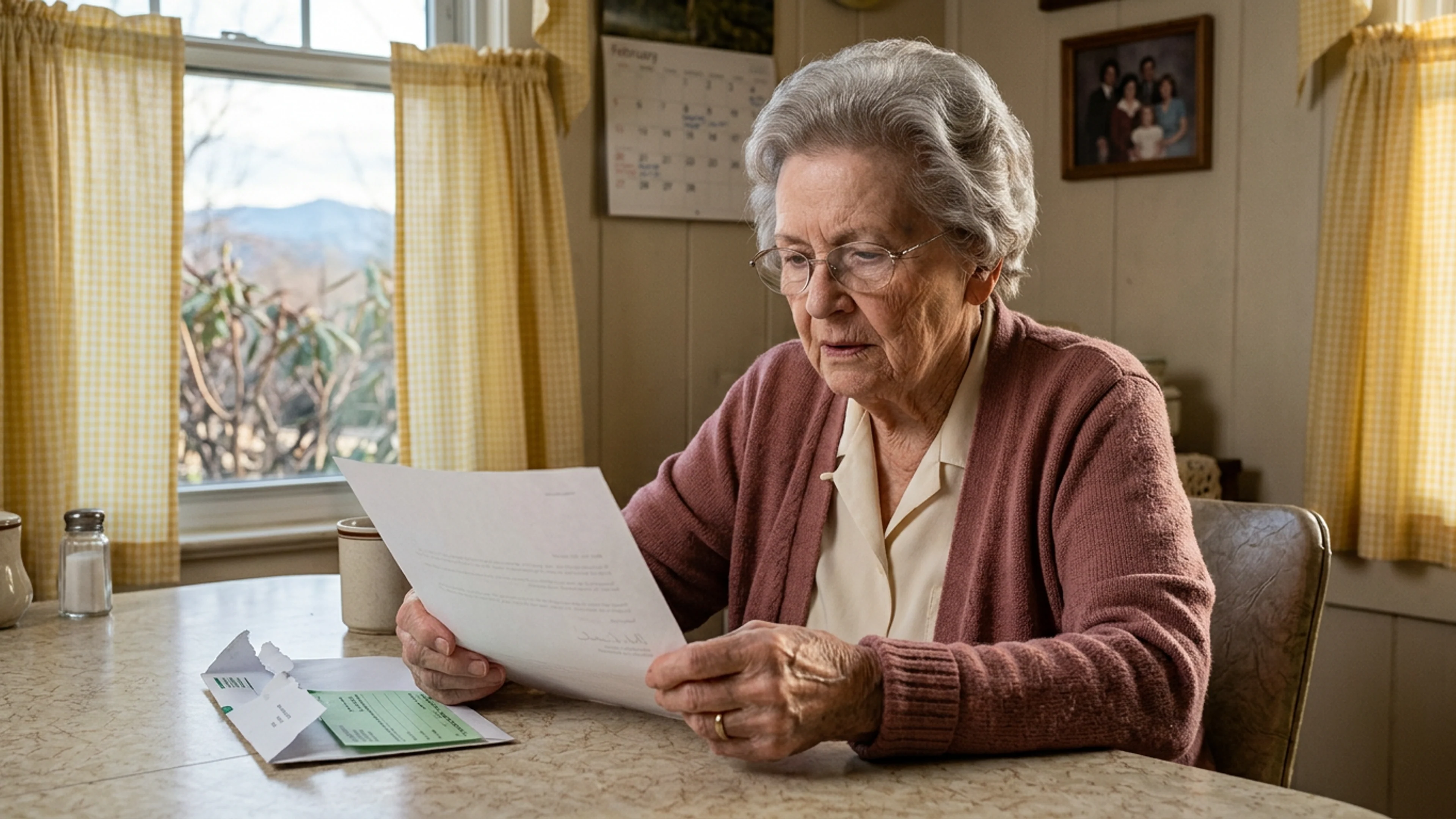 Mrs. Hattie Weatherford at her kitchen table, Thursday afternoon, holding the certified-mail subpoena she received Wednesday evening. The document, printed on White County BOC letterhead, demands her appearance at a meeting at an unspecified future date. Mrs. Weatherford is wearing a cardigan. She does not recall ever having been invited to a BOC meeting. (Photo: Bavarian Brainrot / Edmund Crowe)