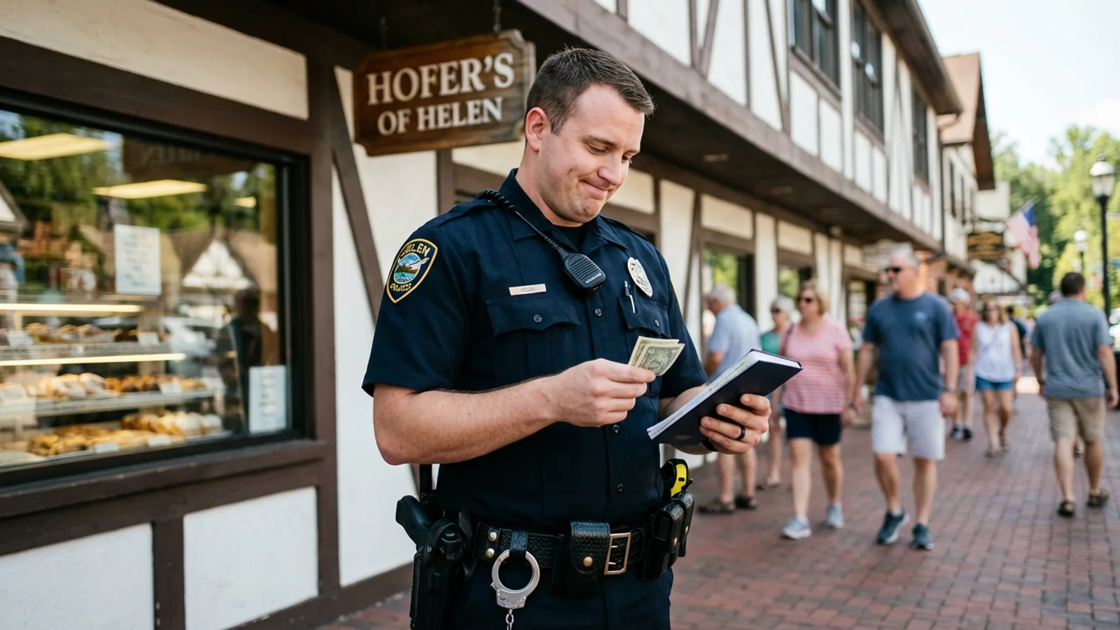 Officer Dennis Vega, of the Helen PD, photographed Tuesday morning outside Hofer's of Helen on Edelweiss Strasse, moments after issuing — and paying — the citation. (Photo: Bavarian Brainrot / Connor McAllister)