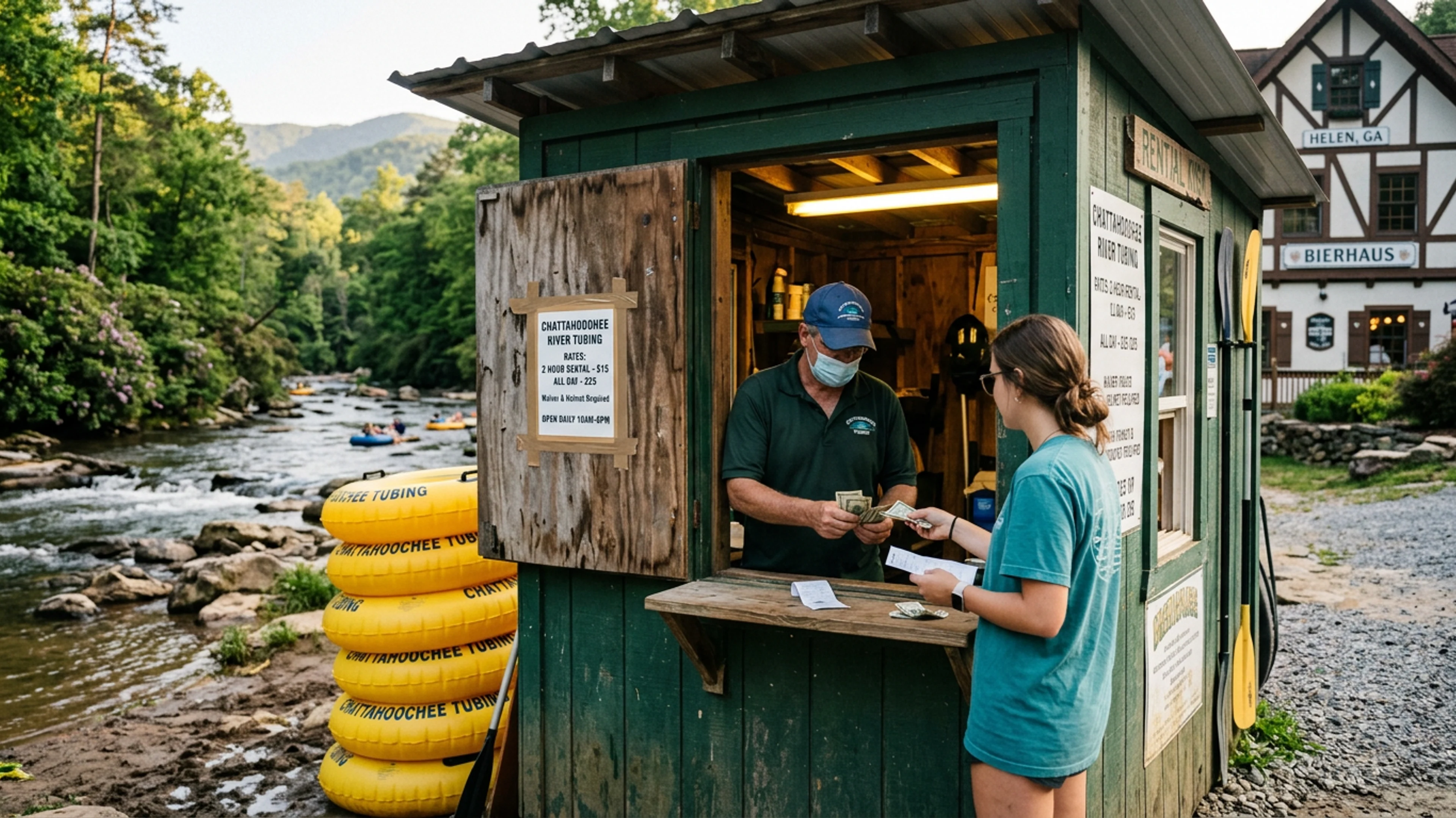 The Cool River Tubing launch ramp at approximately 5:12 p.m. Tuesday, showing the new laminated 'WAR-RISK SURCHARGE — $3.50' placard, affixed to the rental kiosk on approximately April 15. The kiosk attendant, who declined to give his name, said the surcharge 'has been coming for a while.' (Photo: Bavarian Brainrot / Tasha Pemberton)