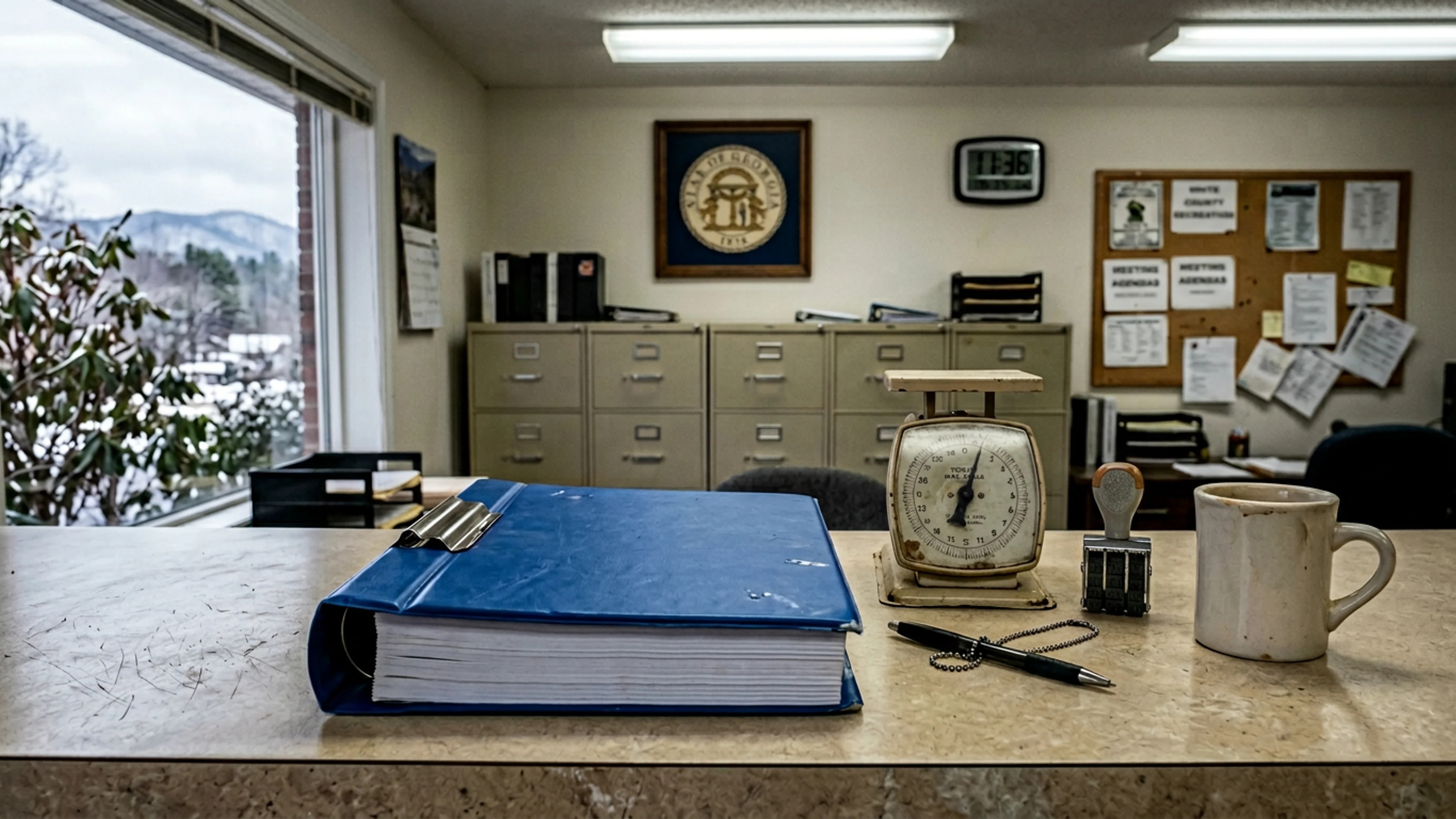 The front cover of Cool River Tubing LLC's Winter-Closure Report for December 2025, photographed on the counter of the White County Commercial Recreation Division, Monday morning. The cover is bound in blue vinyl with a 3M spine clip. It weighs, on the Division's mail scale, 2 pounds 8 ounces. (Photo: Bavarian Brainrot / Tasha Pemberton)