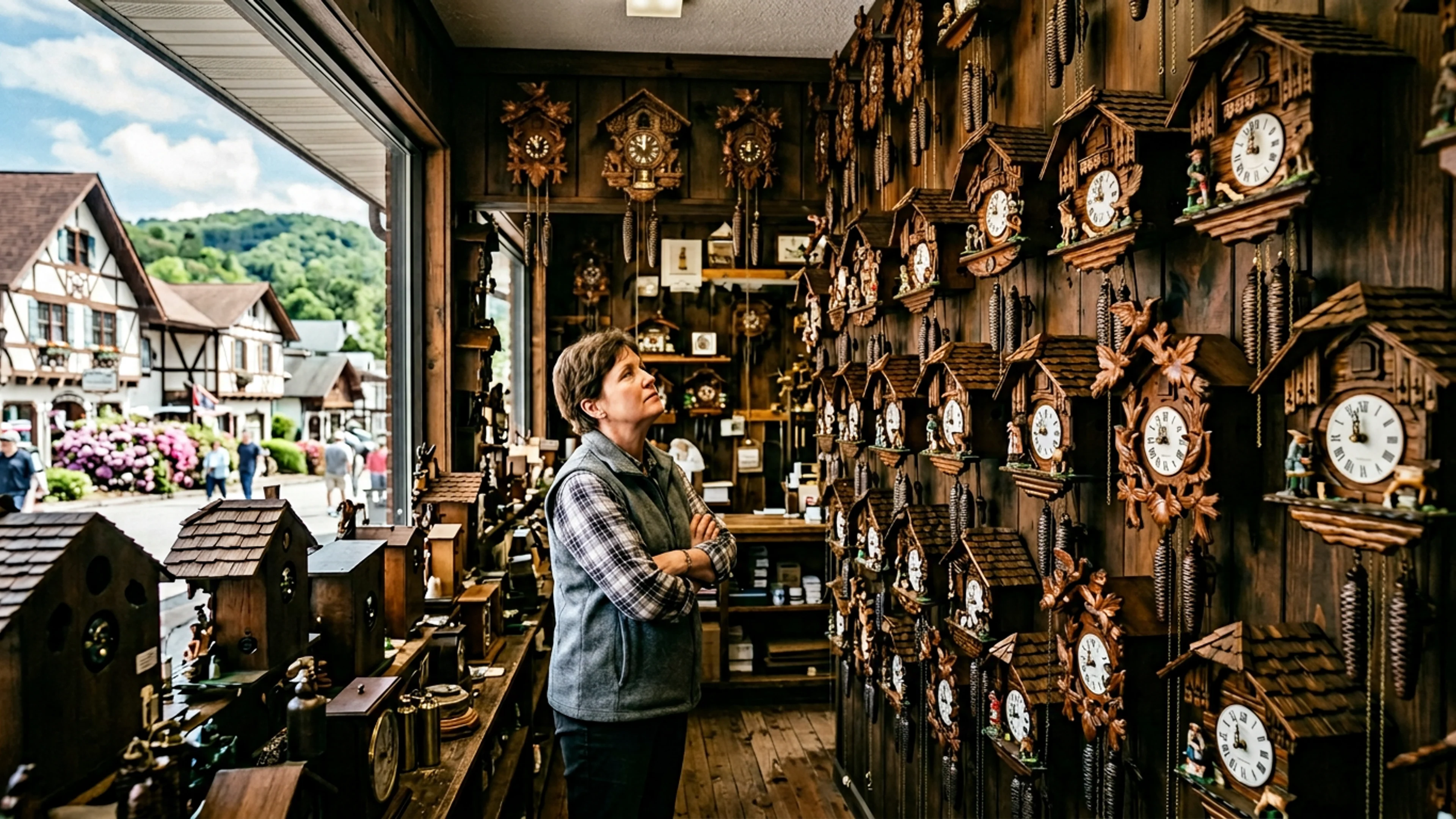 Cuckoo Clock #091 in the display window of Heinrich's Cuckoo Emporium (1204 Bruckenstrasse), photographed Wednesday at 2:00:14 p.m. The minute hand is positioned approximately 1.4 degrees short of the 12. The atomic reference clock on the University of North Georgia physics building, 44 miles to the south, reads 2:00:00 p.m. (Photo: Bavarian Brainrot / Dr. Wilhelm Brüning)