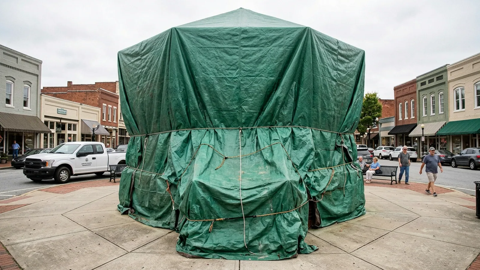 The Dahlonega town square bandstand, Tuesday. The green construction tarps are original to the July 2023 installation. (Photo: Bavarian Brainrot / Tasha Pemberton)