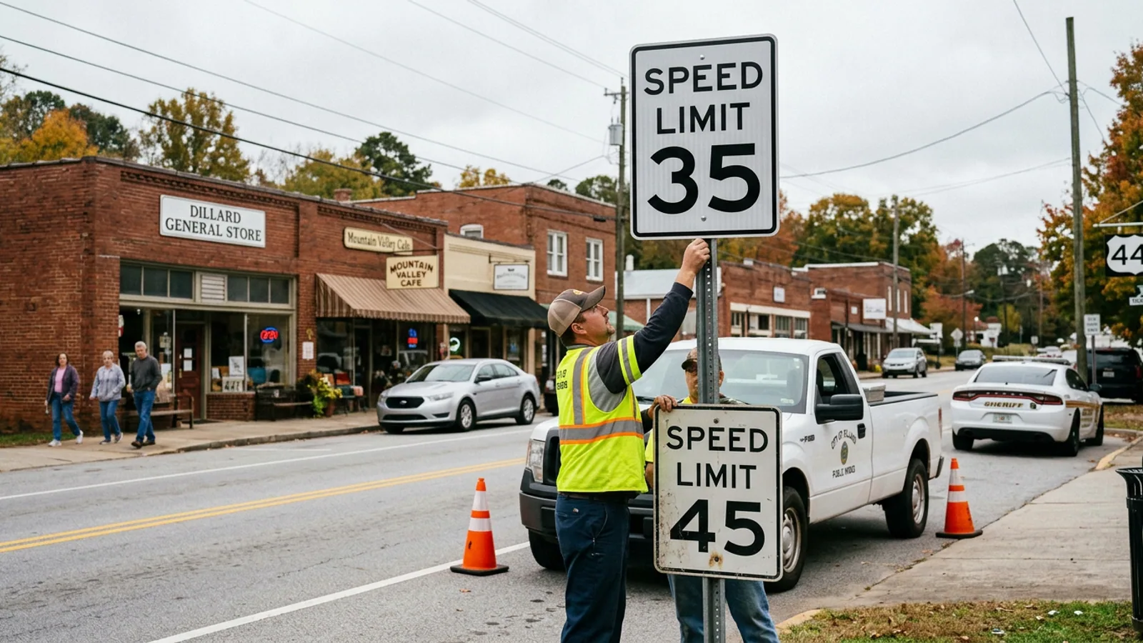 The Georgia 441 corridor through Dillard, photographed Tuesday morning. The current posted limit of 45 mph is visible on the northbound approach sign. (Photo: Bavarian Brainrot / Connor McAllister)