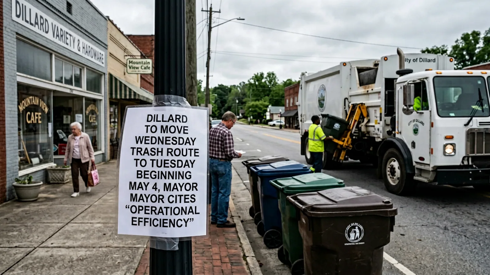 The City of Dillard public-works trash truck, parked at the municipal yard Saturday morning. (Photo: Bavarian Brainrot / Connor McAllister)
