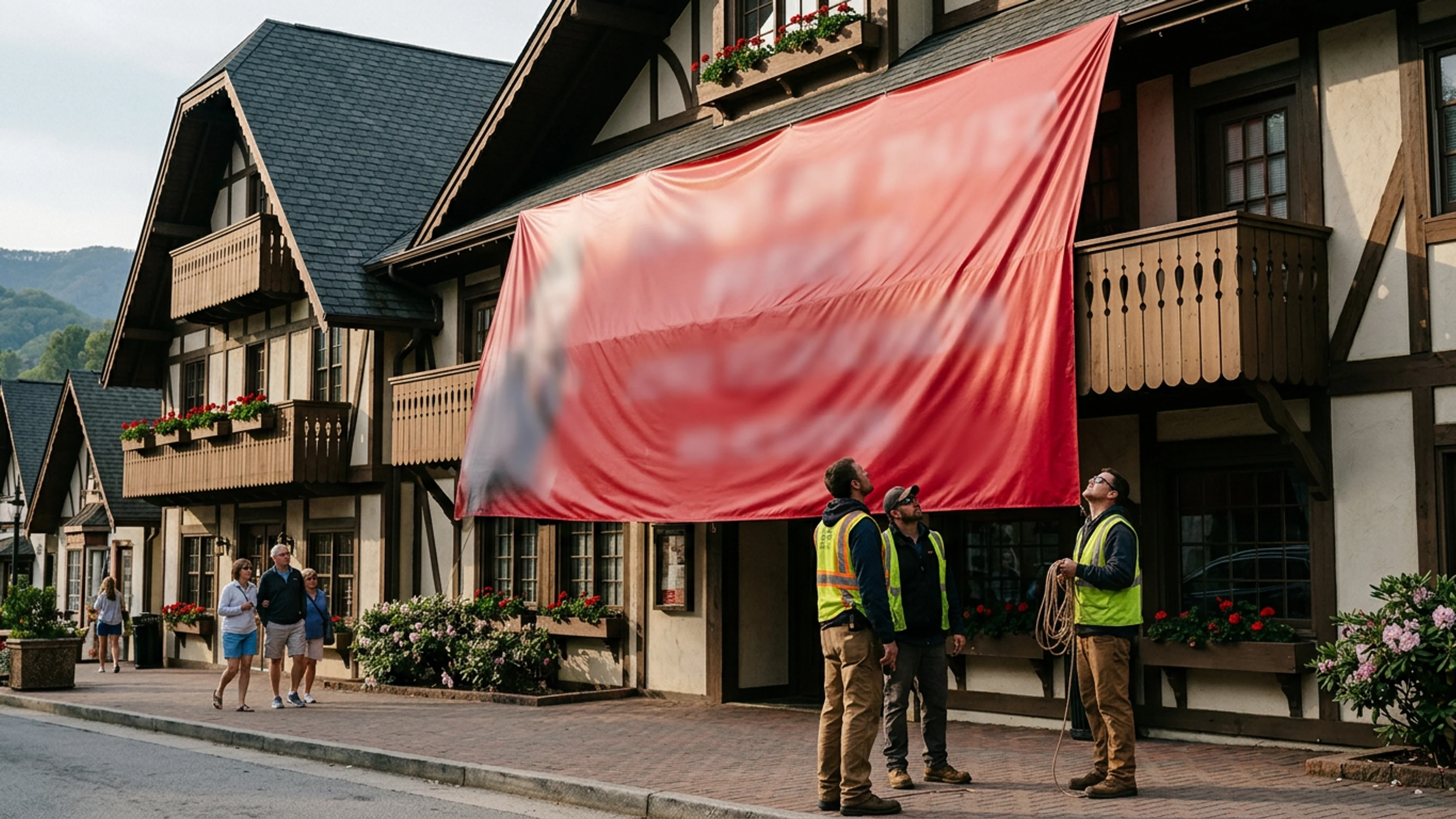 The south face of the Helen Festhalle at 12:14 p.m. Tuesday, displaying the 72-foot-by-14-foot vinyl banner announcing the Pretzel Salt Council's new arrangement. Dua Lipa's likeness, screen-printed onto the banner, is derived from a publicly available press photograph taken at the 2024 BRIT Awards. The pretzel in her left hand is a compositional addition. (Photo: Bavarian Brainrot / Romi Fitzgerald)