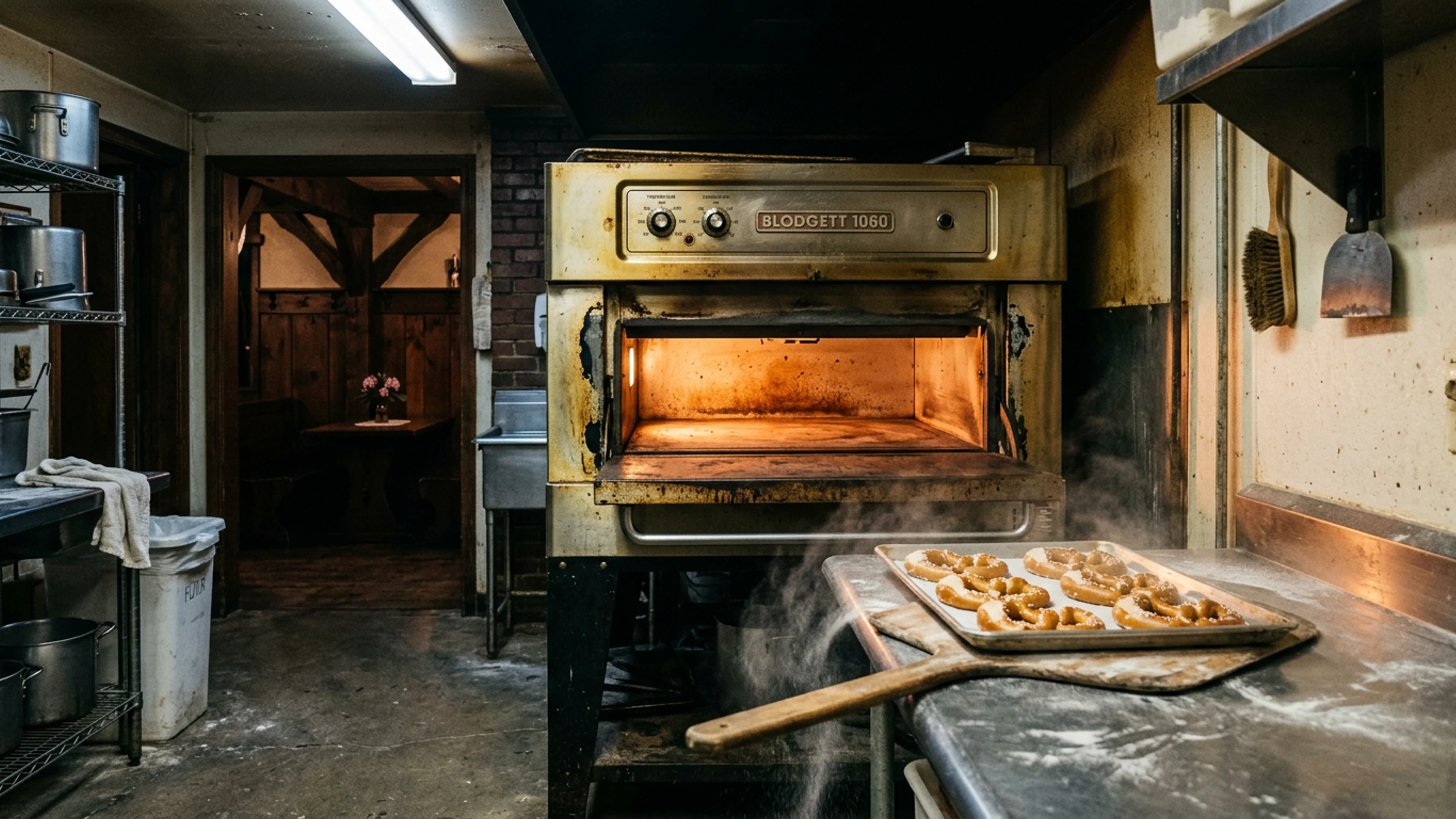 The 1978 Blodgett 1060 single-deck oven in Hofer's of Helen's kitchen, photographed at 5:47 a.m. Tuesday, approximately thirteen minutes before Mr. Maier's first pretzel batch of the day was loaded. The oven's interior temperature readout, visible in the lower-right quadrant of the control panel, shows 548°F. The manufacturer's published safe operating ceiling is 525°F. (Photo: Bavarian Brainrot / Dr. Wilhelm Brüning)
