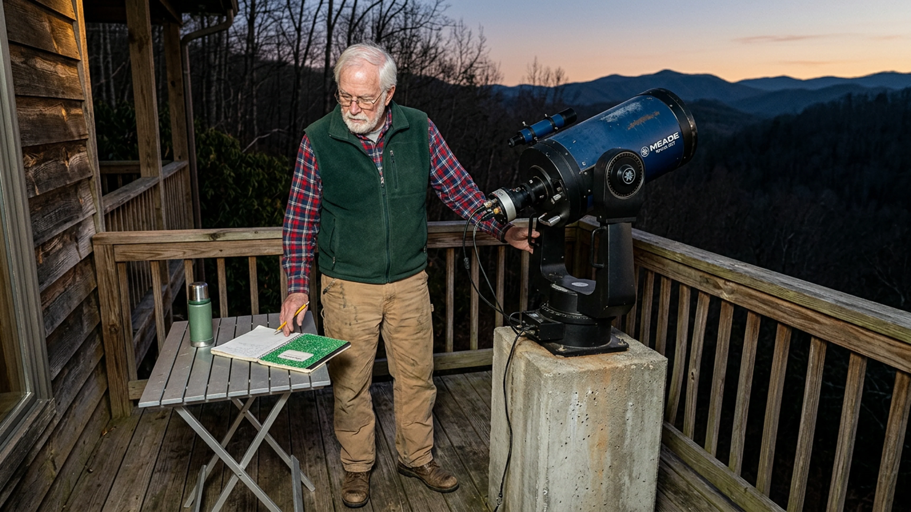 Mr. Calloway Endicott, 78, at the 1996 Meade LX200 10-inch Schmidt-Cassegrain telescope he has operated from his back deck in Sautee, Georgia, since September 1996, photographed Tuesday evening. The spiral-bound notebook visible on the small folding table to his left is, per Mr. Endicott, his 2017 observing log. (Photo: Bavarian Brainrot / Garrett 'Buck' Pendergrass)