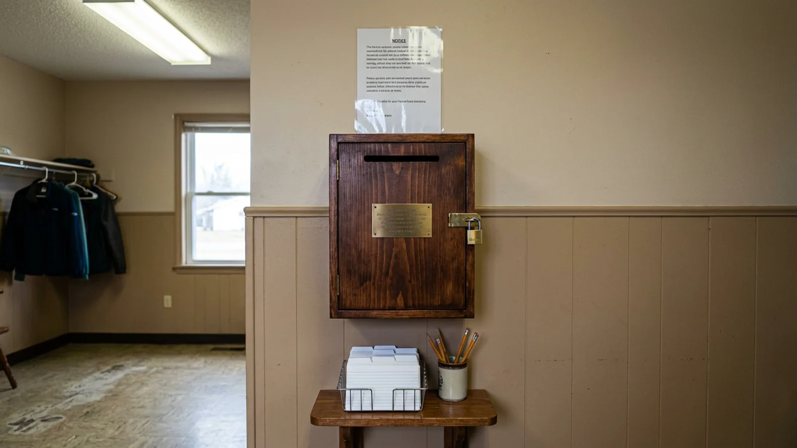 The Feelings Box, photographed at 10:47 a.m. Thursday, April 16, 2026, in the Welcome Center's front-entrance vestibule. A posted note above the box reads: 'We Want To Hear What Helen Has Meant To You.' (Photo: Bavarian Brainrot / Margaret Holcomb)