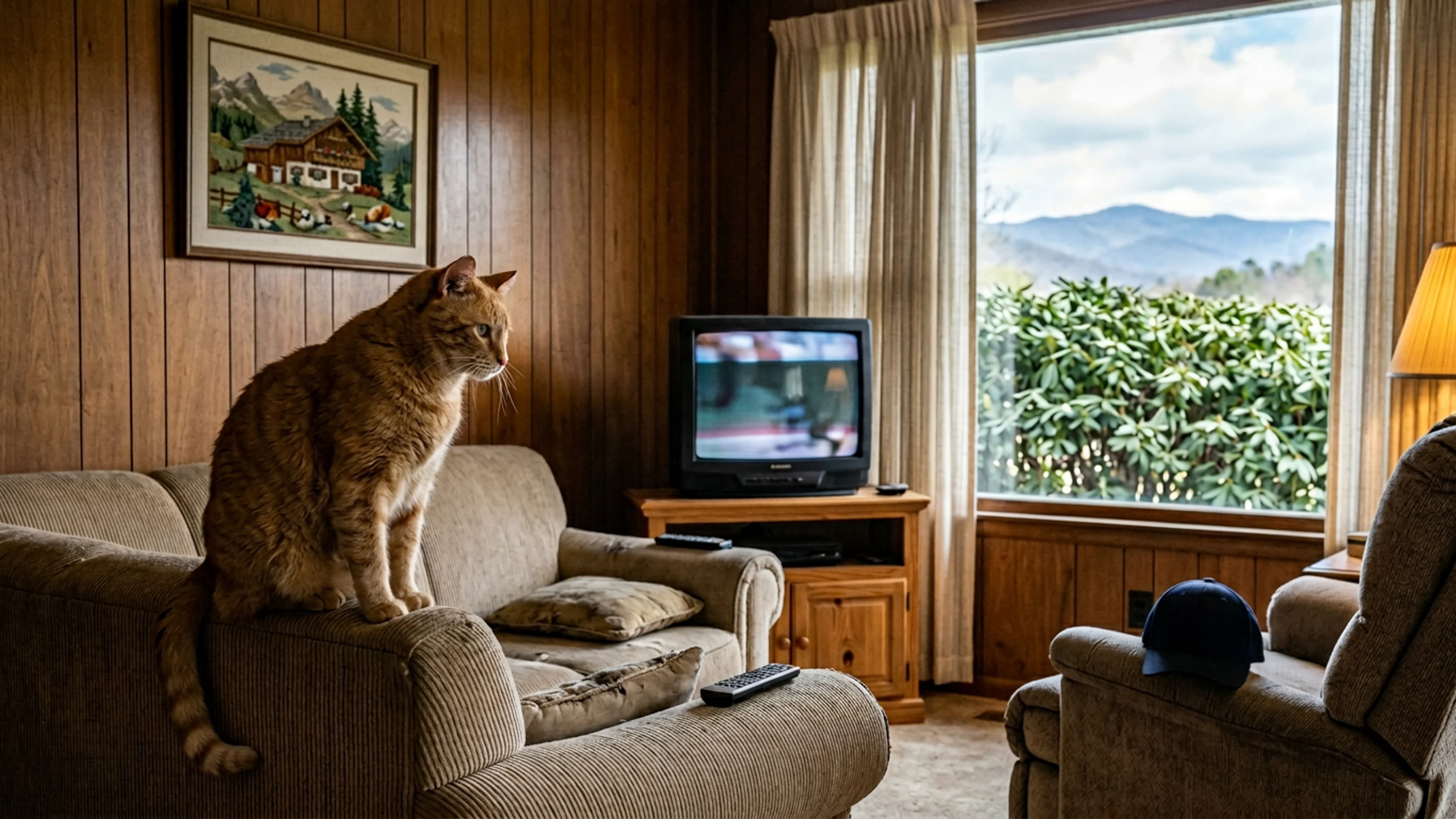 'Mr. Beef,' a 12-year-old orange domestic shorthair, on the left arm of Chief Otis Dunn's living-room sofa at 8:04:12 a.m. Wednesday morning. The television in the background displays the Democracy Now! 8:00 a.m. rebroadcast. Mr. Beef's gaze is, per the editor's review of the photograph, 'focused.' (Photo: Bavarian Brainrot / Romi Fitzgerald)