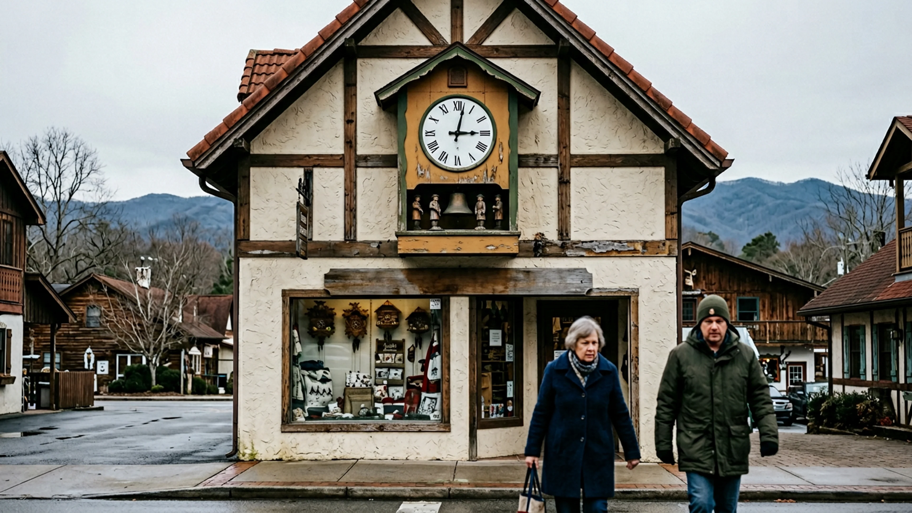 The Helen Downtown Glockenspiel on the south face of the Helen Chamber of Commerce building at 726 Bruckenstrasse, Saturday afternoon, hours before what the Chamber of Commerce Public Arts & Heritage Committee has declined to formally mark. The clock's hands read 1:47 p.m. They are, per a cesium-atomic reference, within 3 seconds of accurate. (Photo: Bavarian Brainrot / Dr. Wilhelm Brüning)