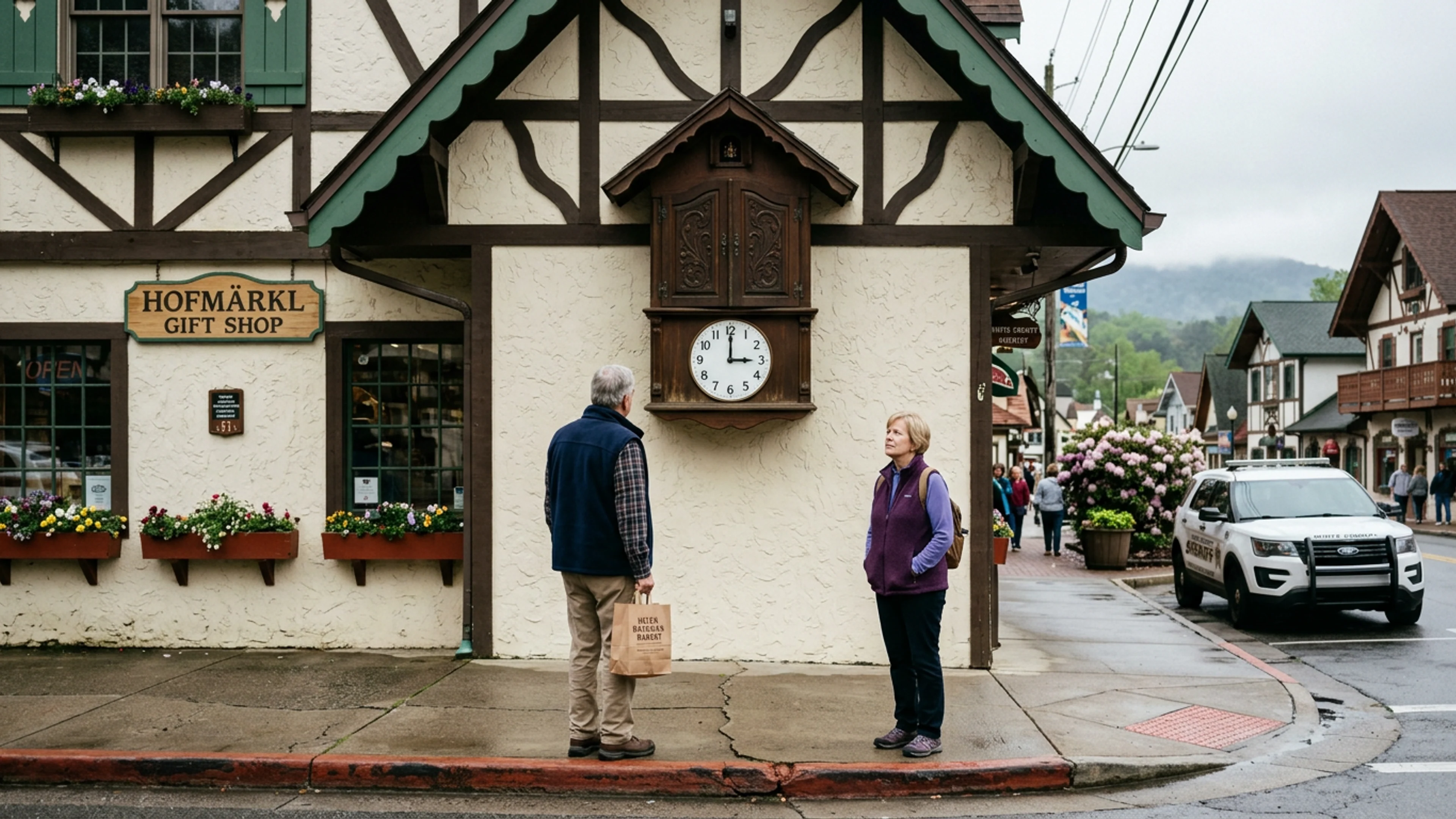 The Helen Downtown Glockenspiel, 3:00 p.m., Wednesday afternoon, silent. The Federal Open Market Committee's most recent rate decision was issued March 19 — more than 30 days prior, placing the clock firmly outside its new authorized chime window. (Photo: Bavarian Brainrot / Margaret Holcomb)